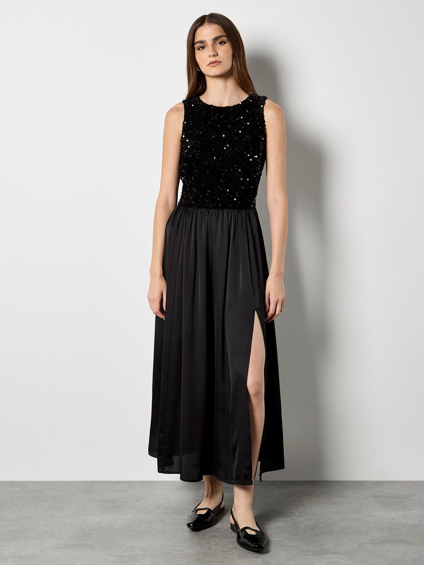 Apricot Sequin Velvet Bodice With Satin Skirt Dress