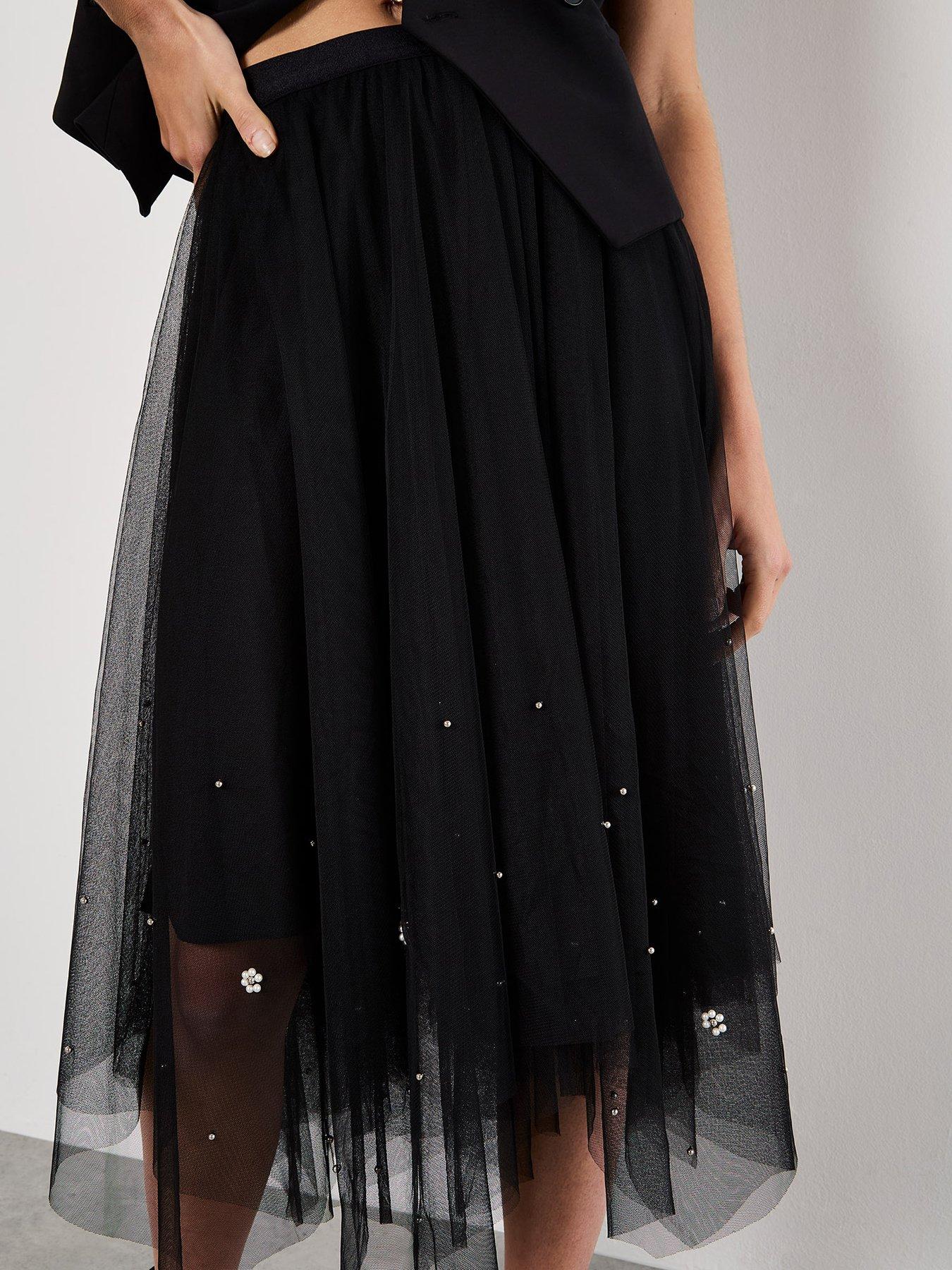 Apricot Pearls Hem Tulle Midi Skirt