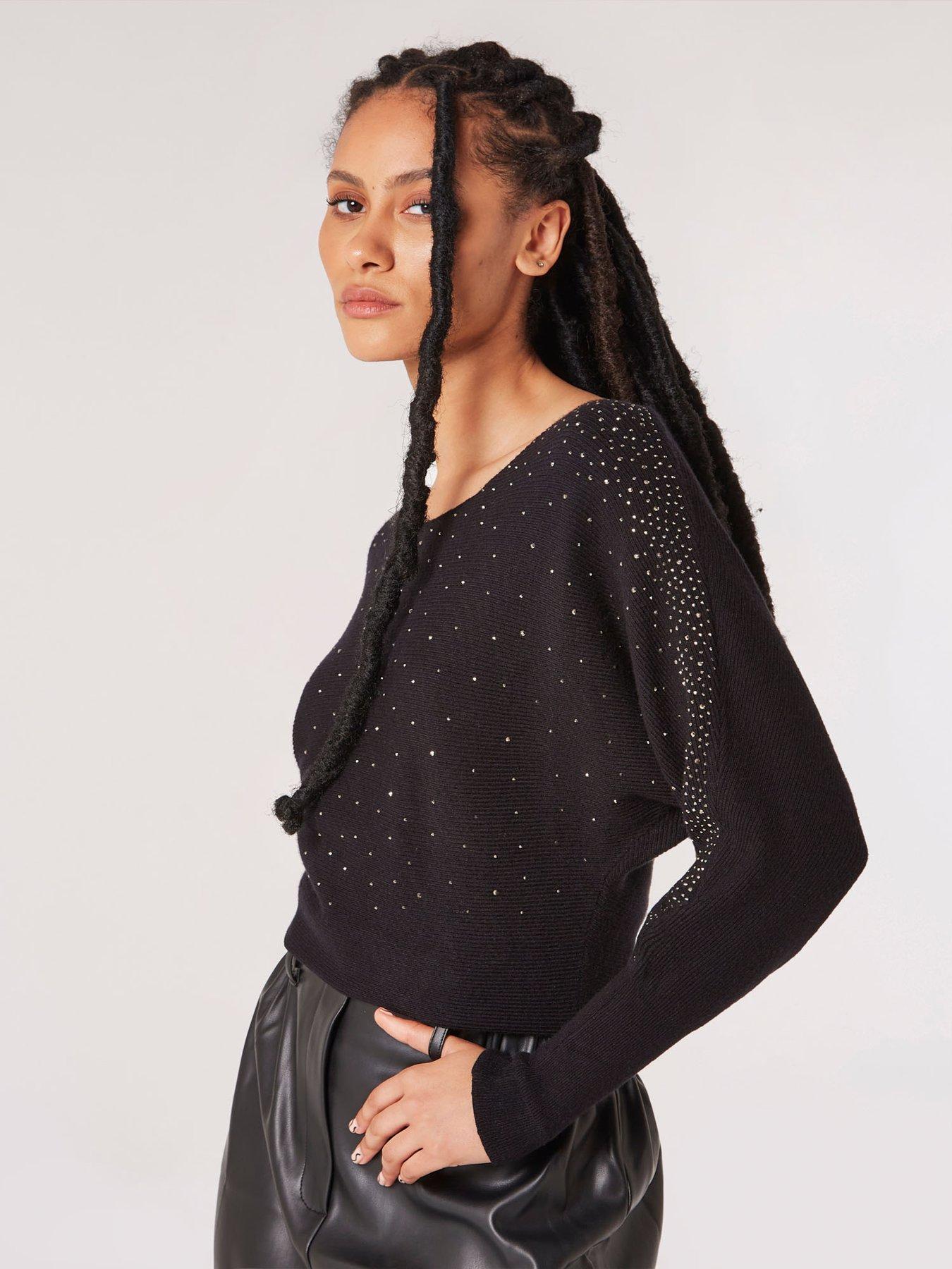 Apricot Stud Neck Ribbed Batwing Jumper