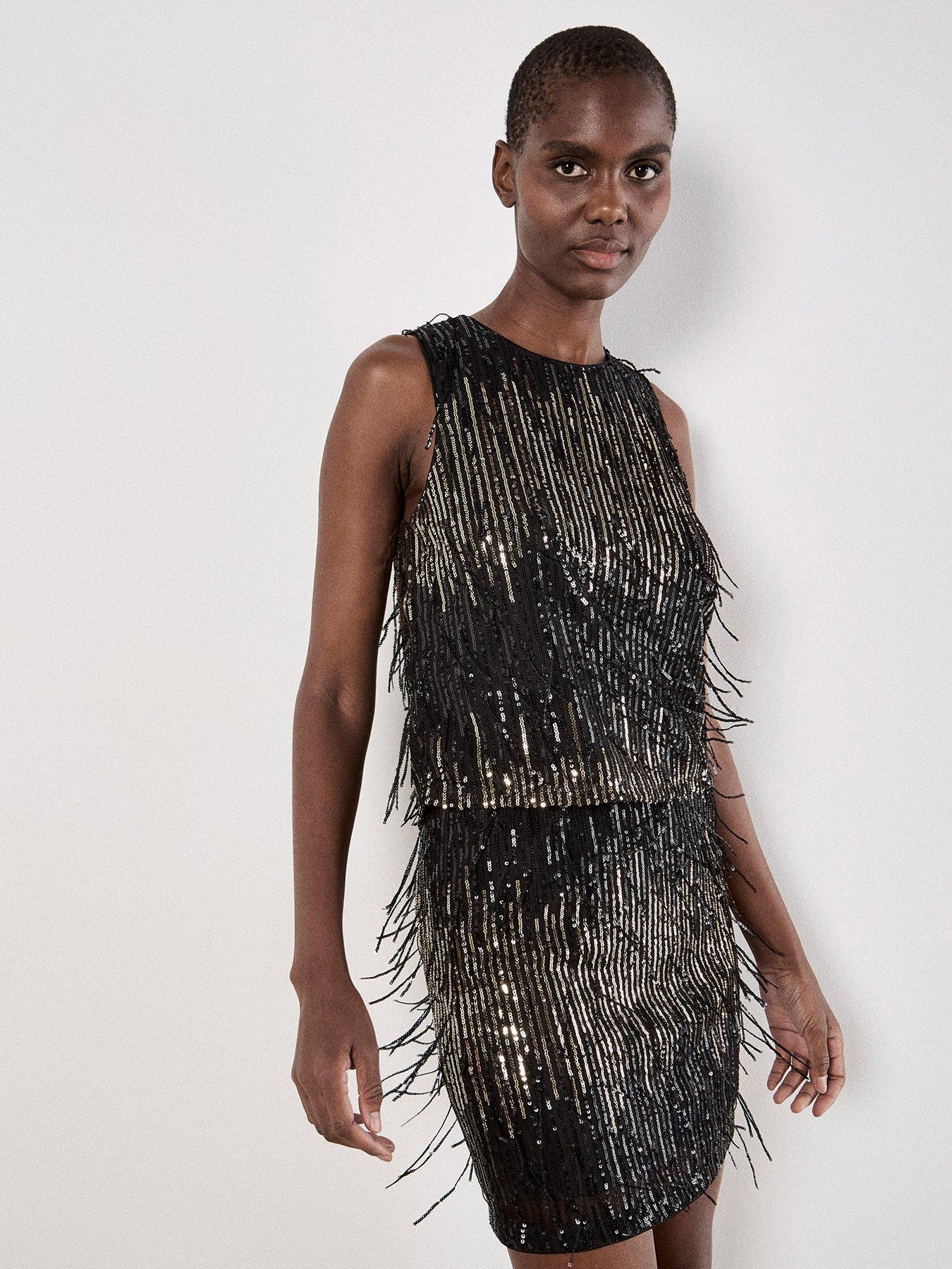 Apricot Sequin Stripe Fringe Bodycon Skirt