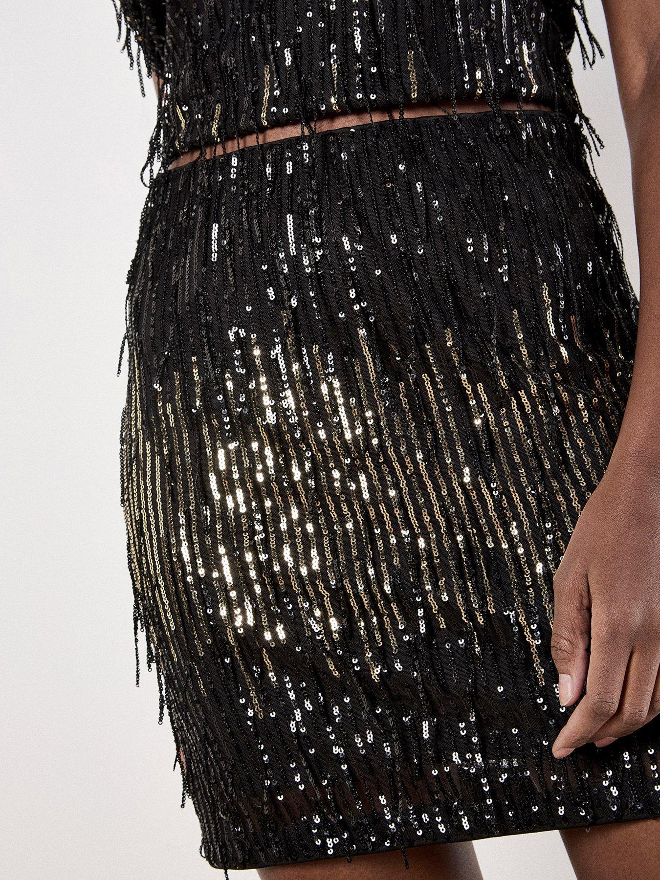 Image 4 of 4 of Apricot Sequin Stripe Fringe Bodycon Skirt