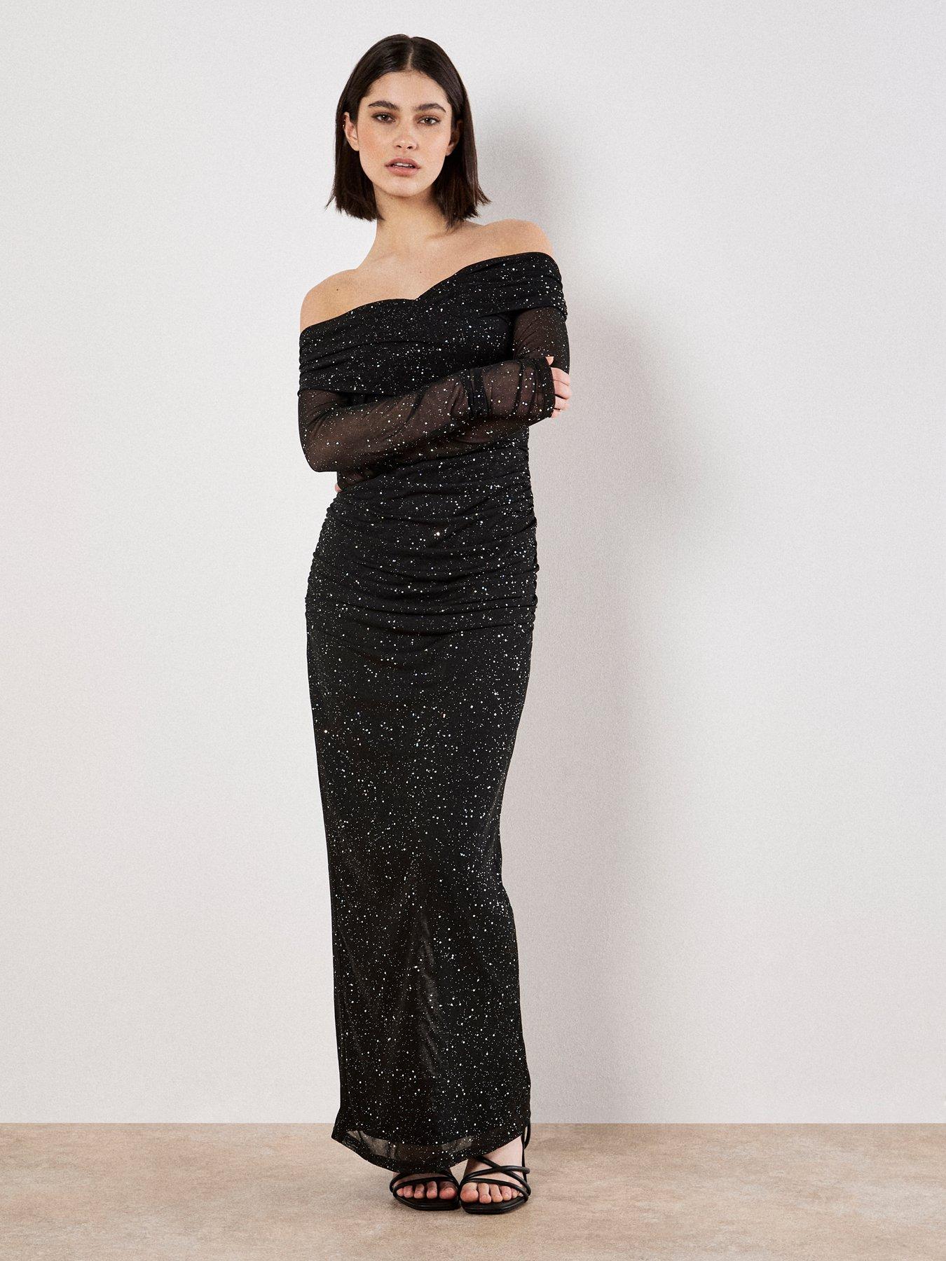 Apricot Sparkle Mesh Off Shoulder X-over Maxi Dress
