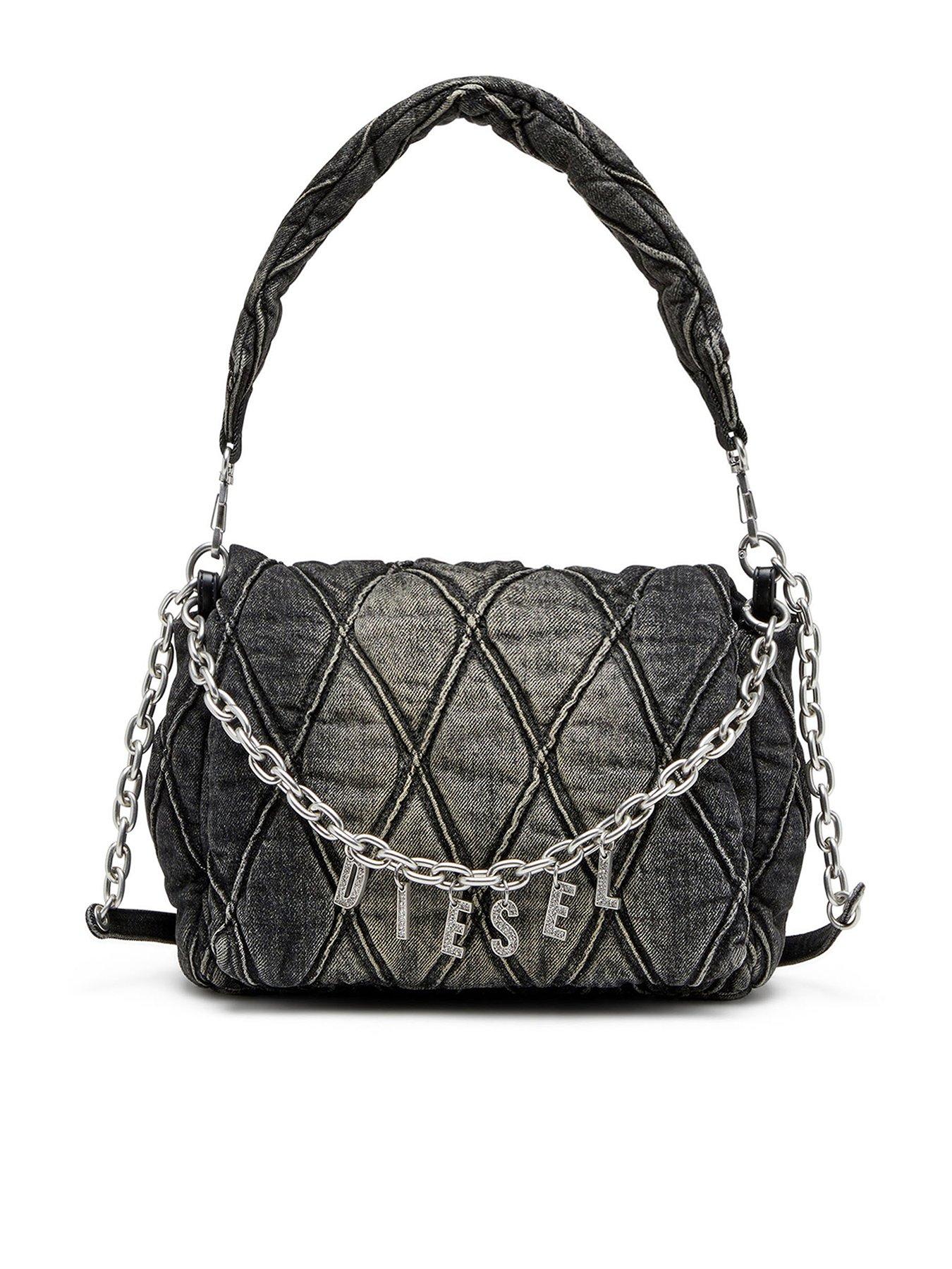 Diesel Medium Washed Denim Charm Shoulder Bag - Black