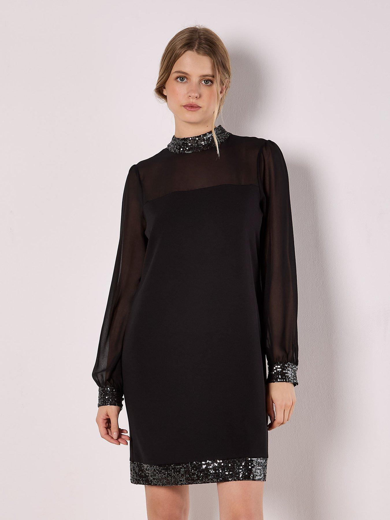 Apricot Sequin High Neck Trim Long Sleeve Dress