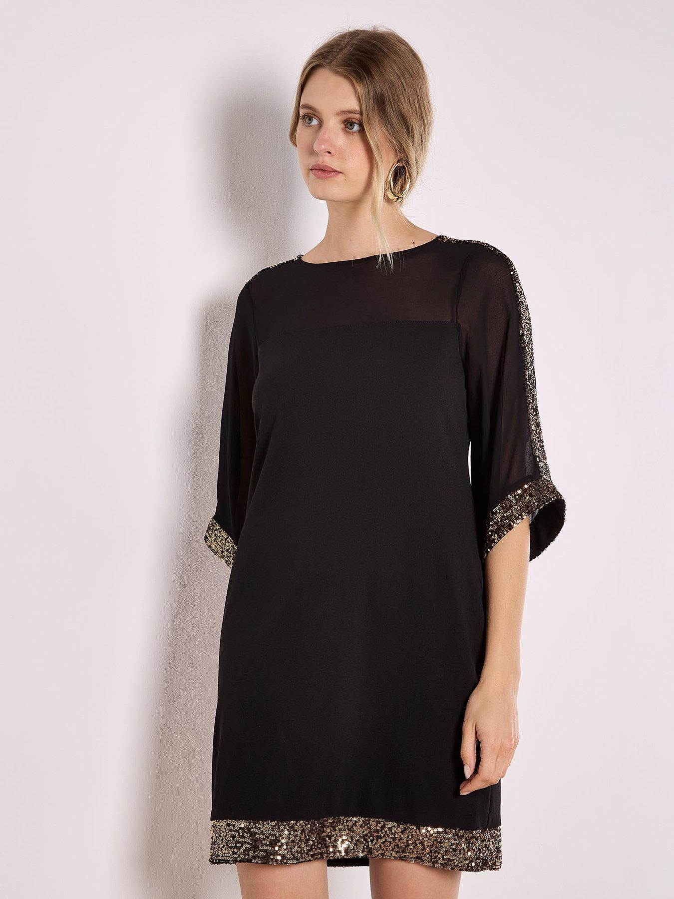 Apricot Kimono Slv Sequin Rim Dress