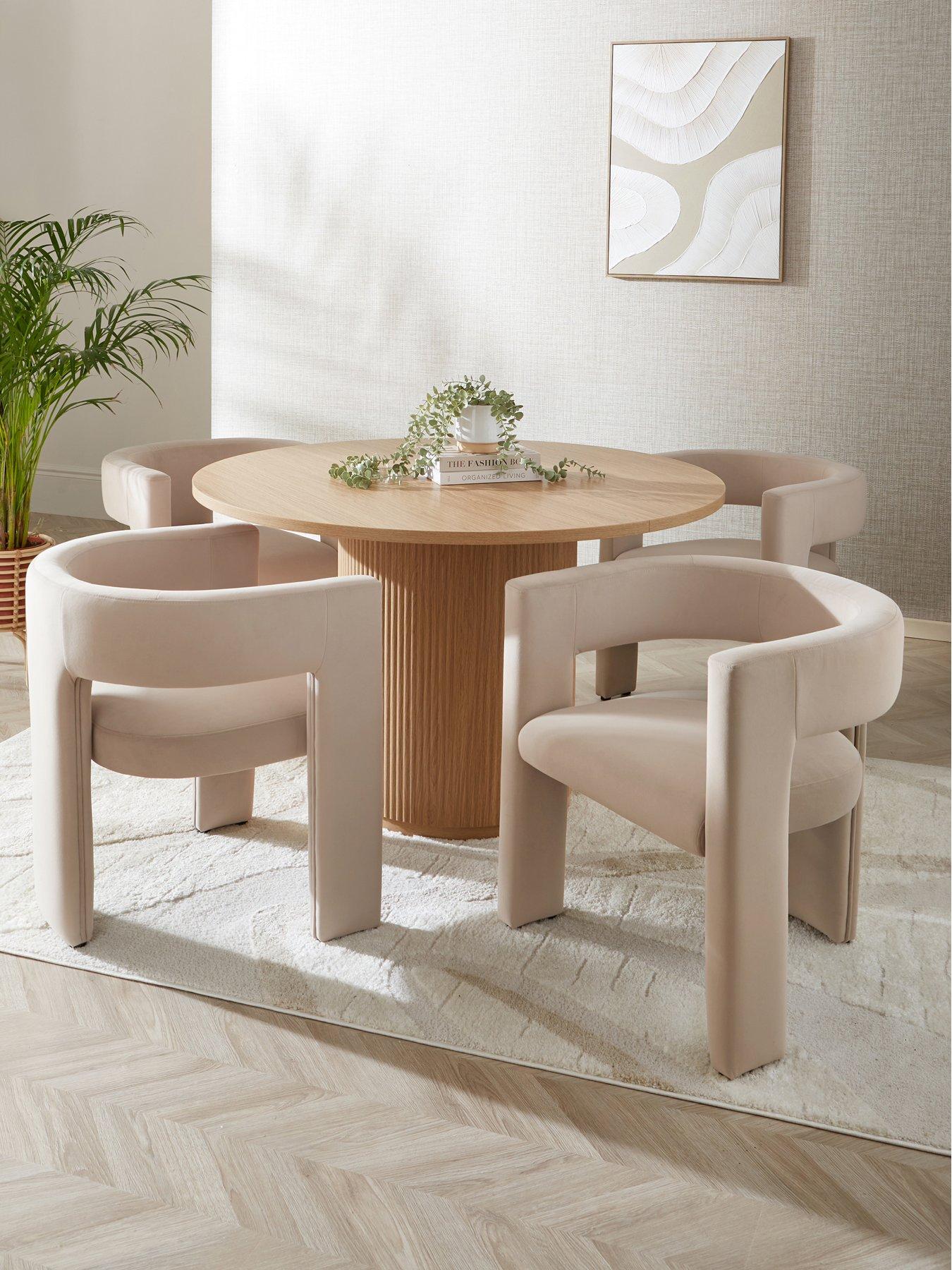 The Very Collection Carina Oak 120cm Round Dining Table & 4 Nell Taupe Chairs