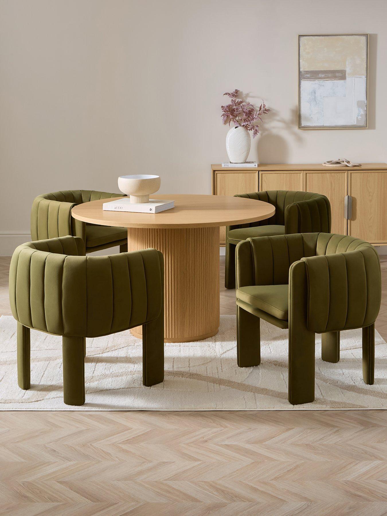 The Very Collection Carina Oak 120cm Round Dining Table  &  4 Mila Moss Green Chairs - FSC® Certified