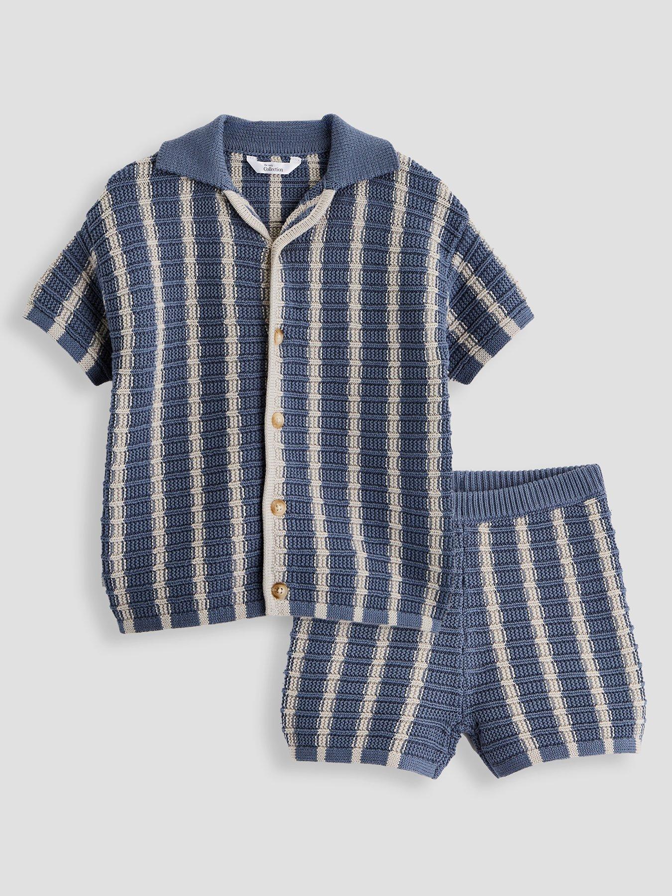 Image 1 of 4 of The Very Collection Boys Stripe Crochet Knitted Shirt And Shorts Outfit Set - Blue