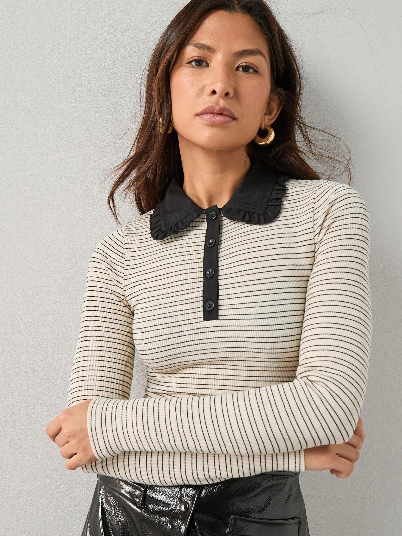 The Very Collection Frill Collar Stripe Polo Top - Black