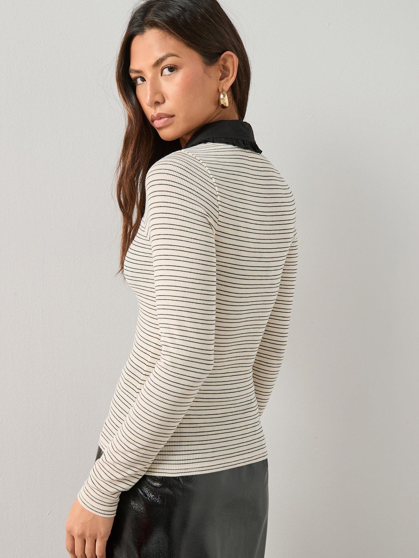 Image 2 of 6 of The Very Collection Frill Collar Stripe Polo Top - Mono