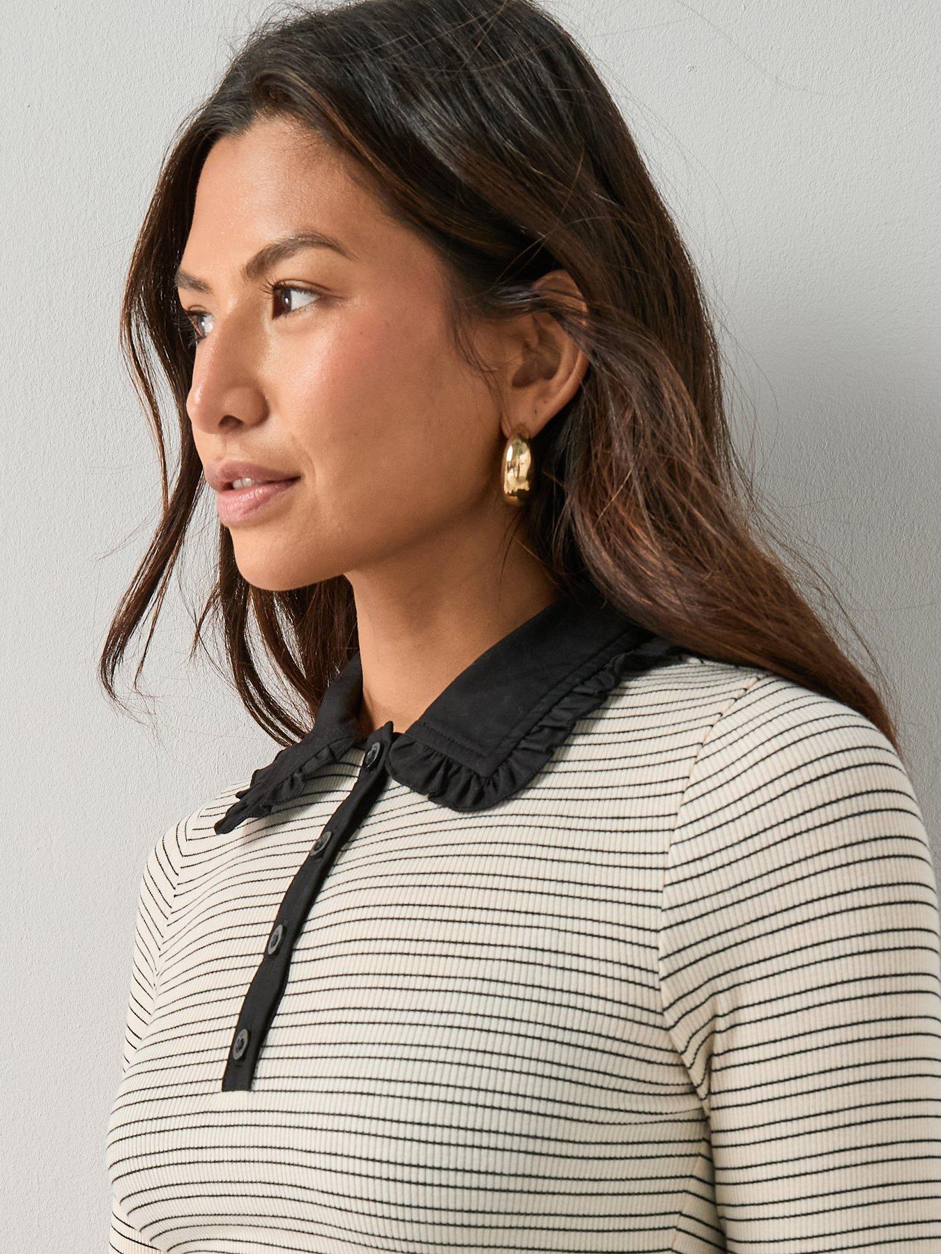 Image 5 of 6 of The Very Collection Frill Collar Stripe Polo Top - Mono