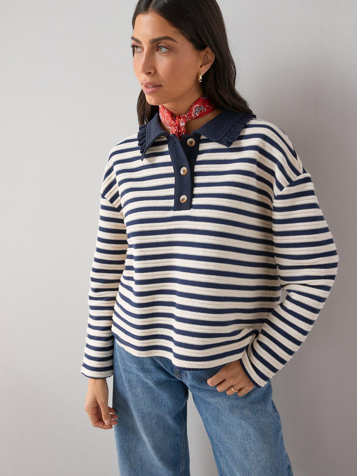 The Very Collection Frilled Collar Textured Stripe Top - Stripe