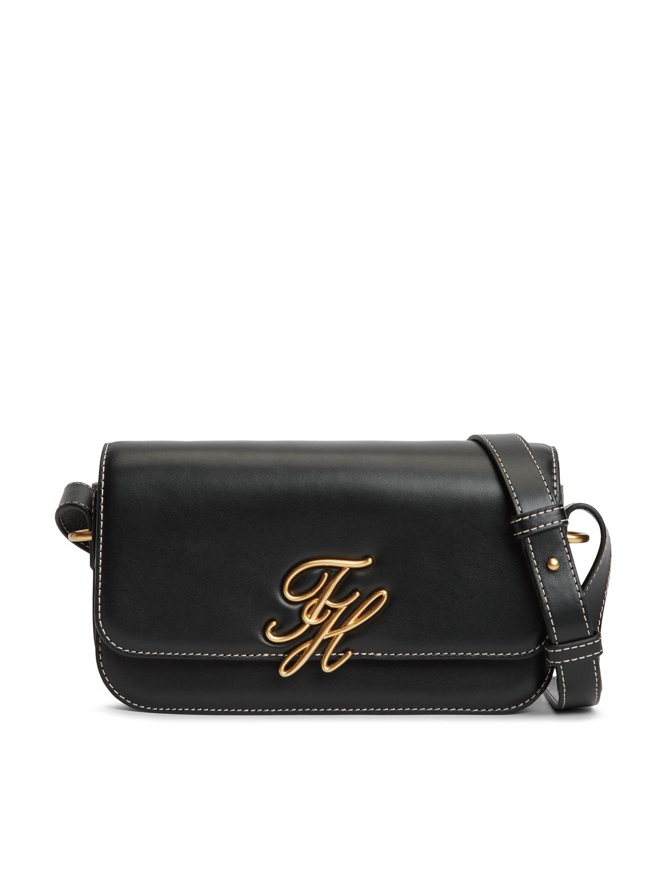 Image 1 of 4 of Tommy Hilfiger Script Flap Leather Crossbody Bag - Black