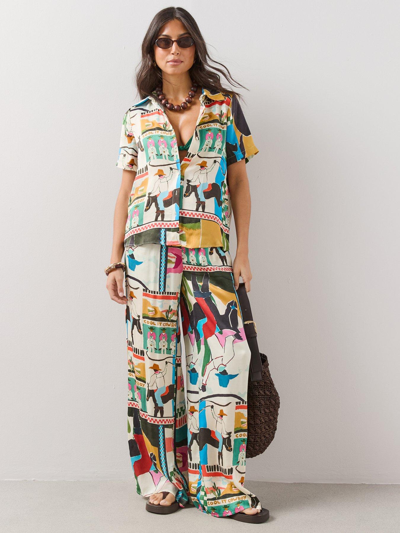 The Very Collection Western Print Elasticated Co-Ord Wide Leg Trousers - Blue