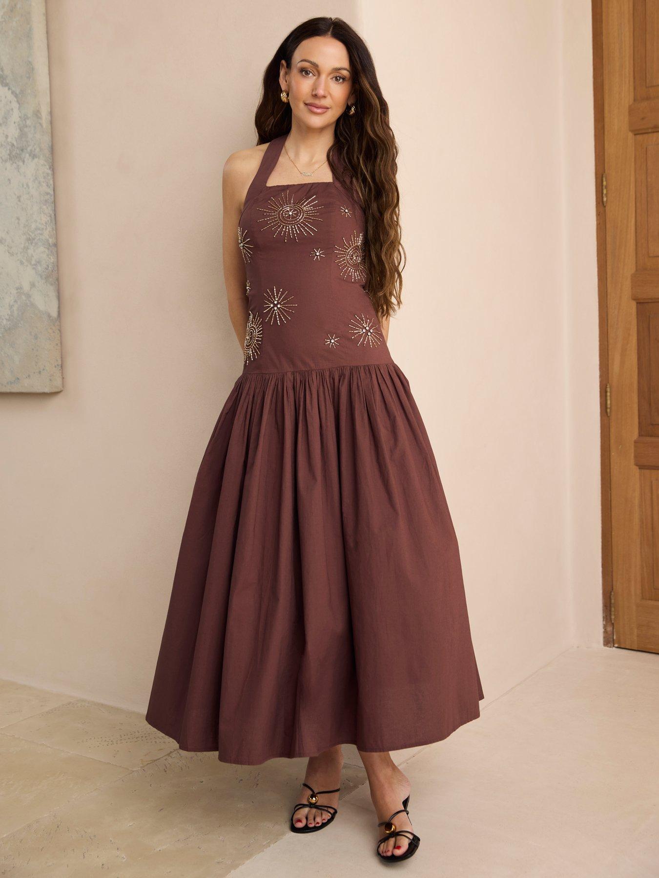 michelle keegan halter neck dress Michelle Keegan Embellished Halter Midaxi Dress - Brown