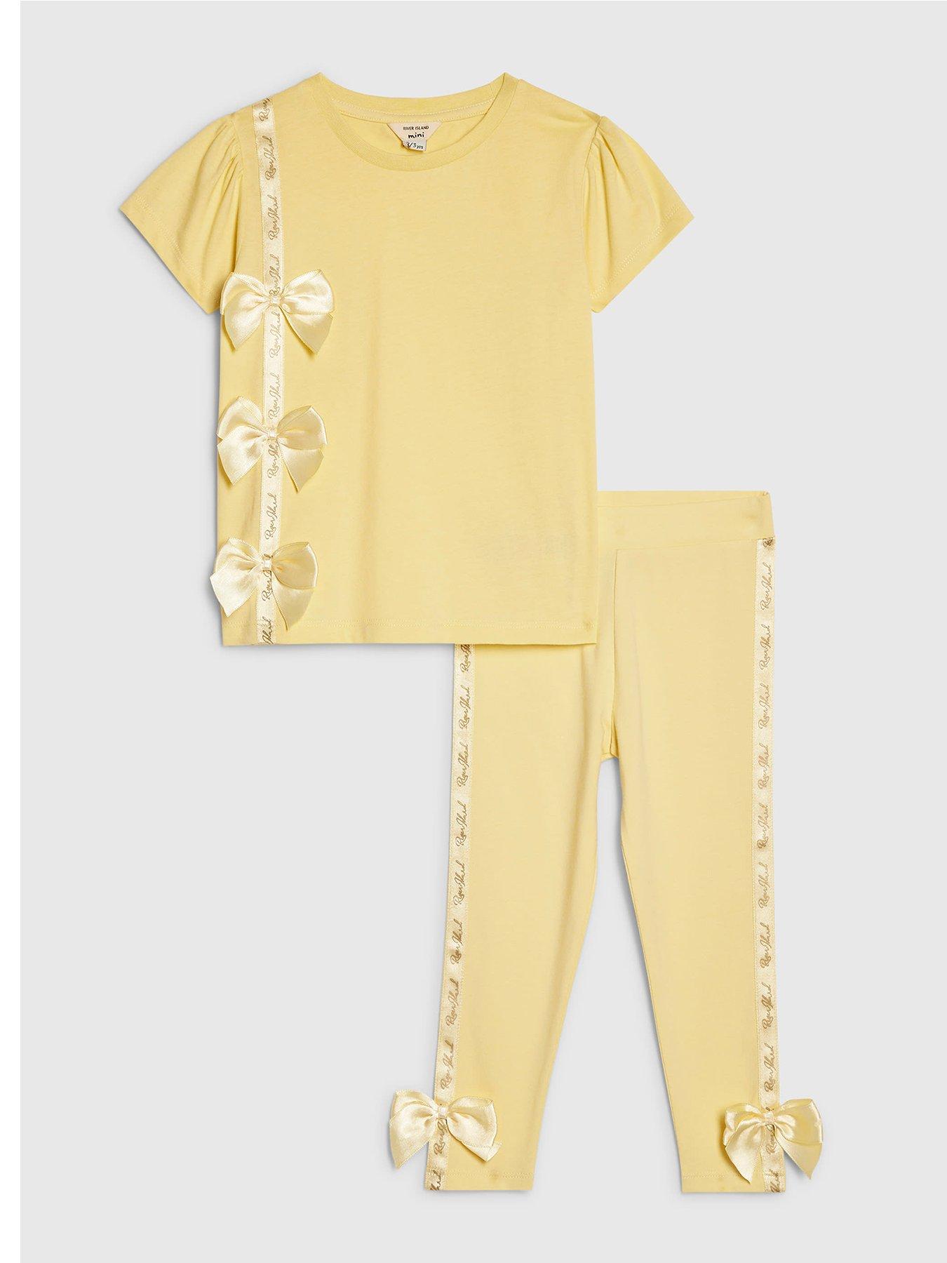 River Island Mini Girls Satin Bow T-Shirt Set - Yellow