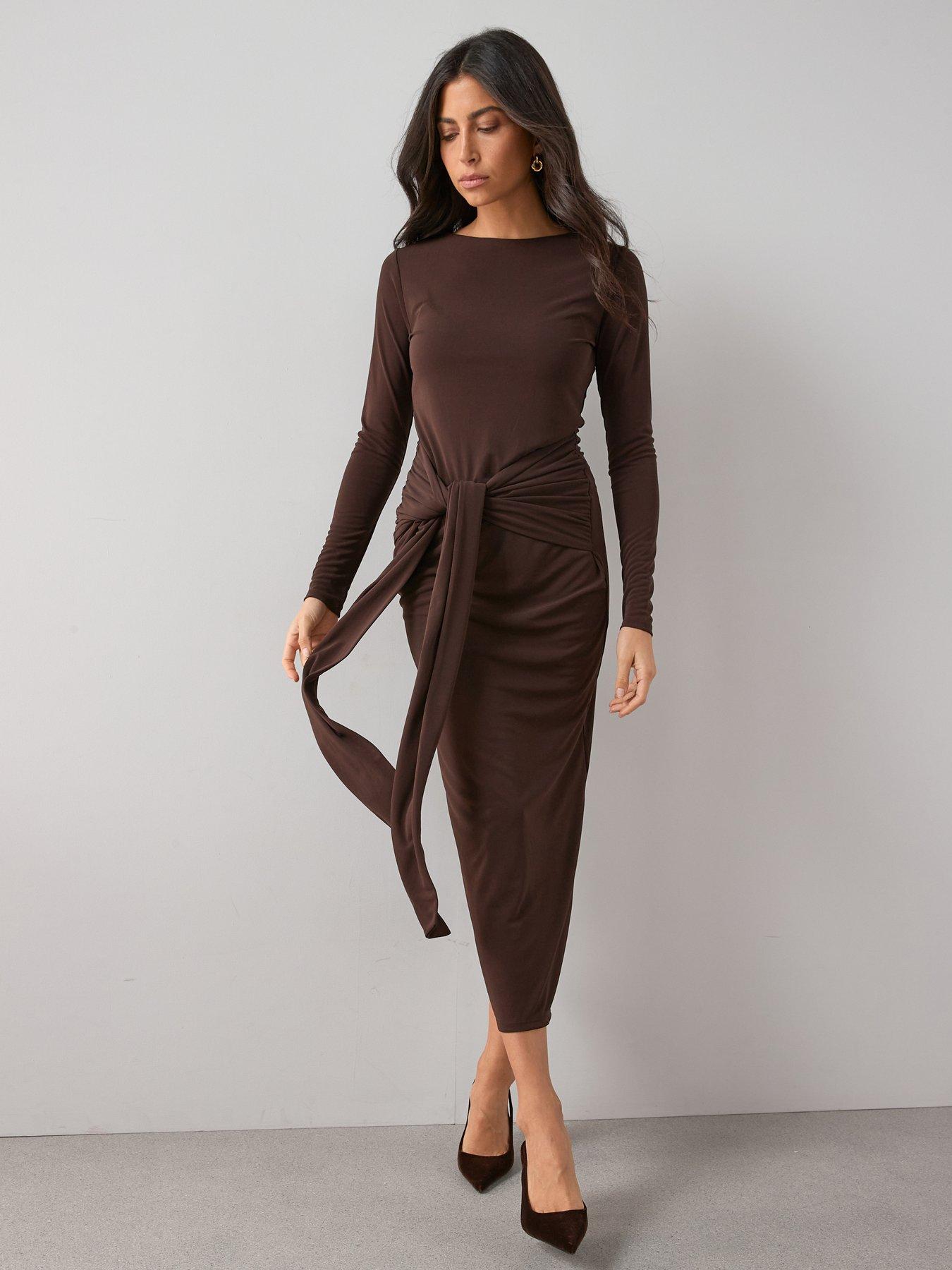 The Very Collection Tie Waist Midi Dress - Brown