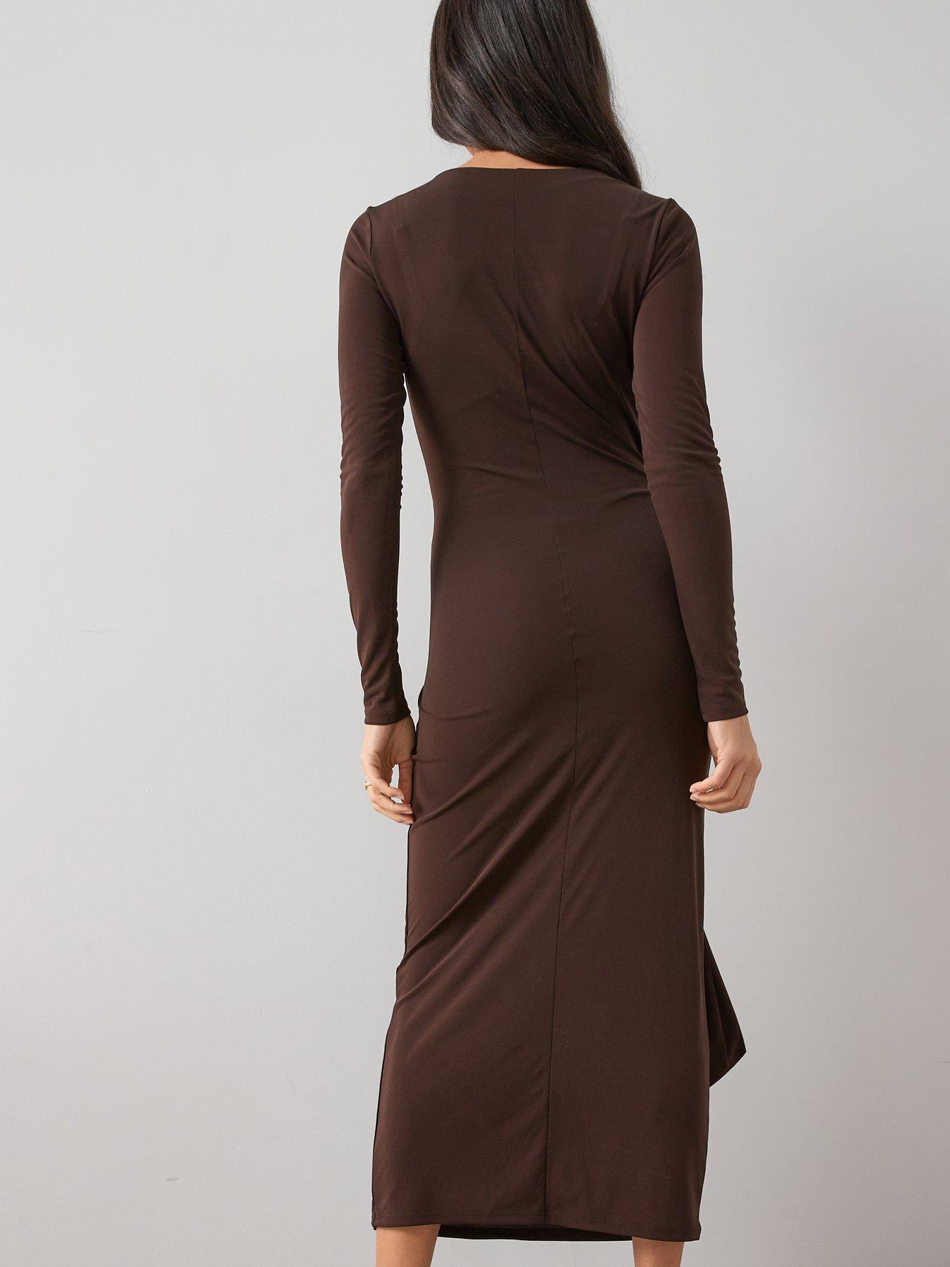 dark brown waist tie midi dress with sleeves The Very Collection Tie Waist Midi Dress - Brown