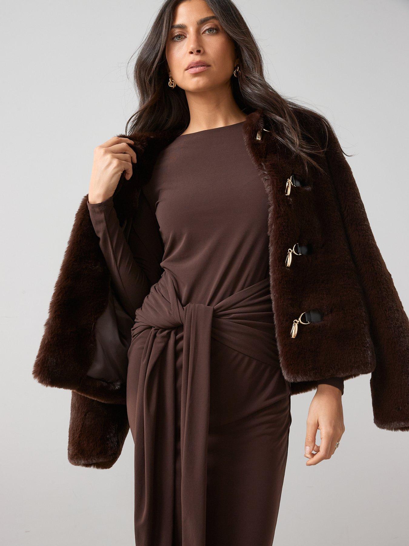 dark brown waist tie midi dress with sleeves Ladies - Dark Brown Tie-belt dress - Size: S