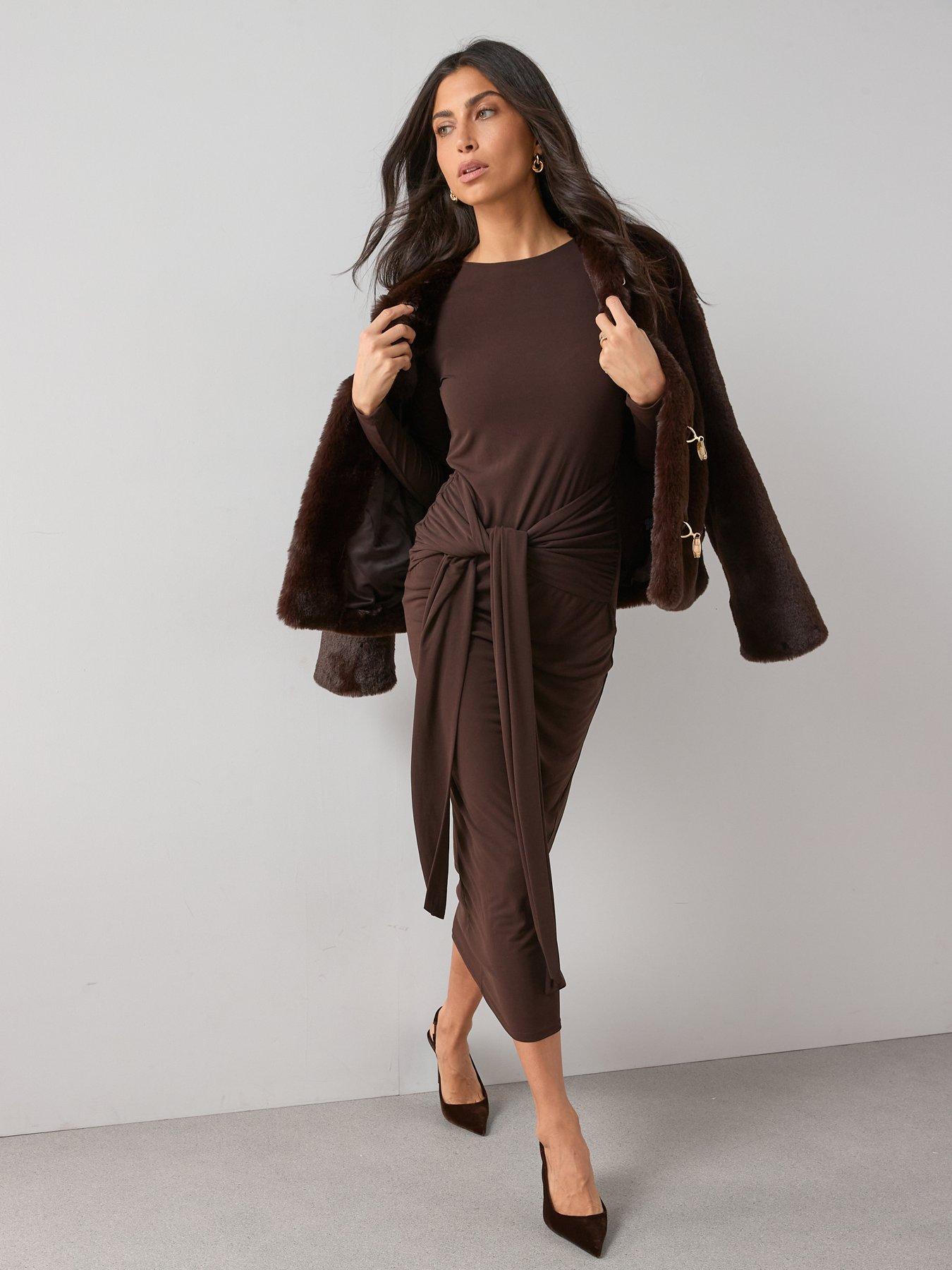 dark brown waist tie midi dress with sleeves High Neck Tie-Back Midi Dress