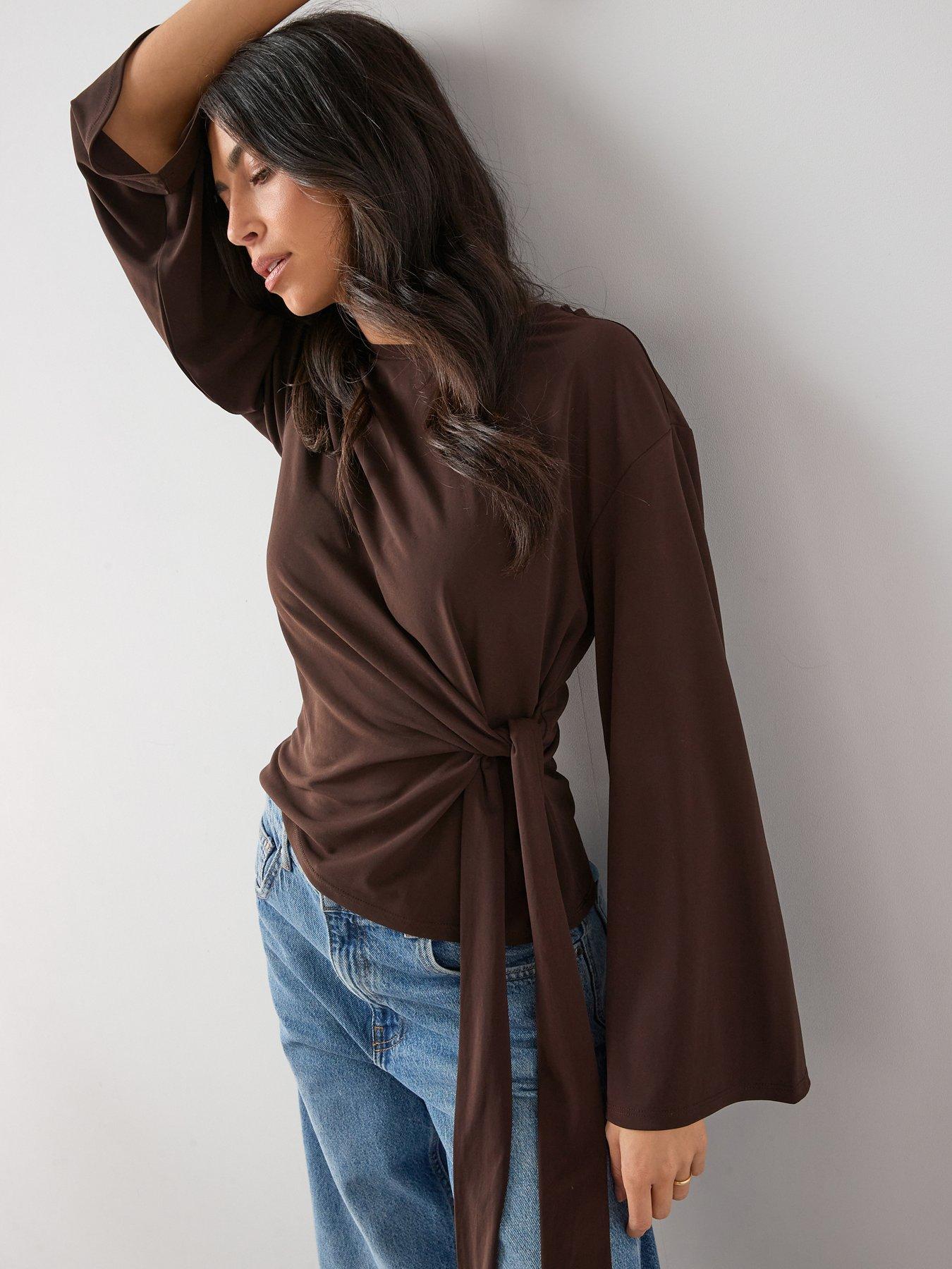 Image 1 of 6 of The Very Collection Tie Waist Long Sleeve Top - Brown