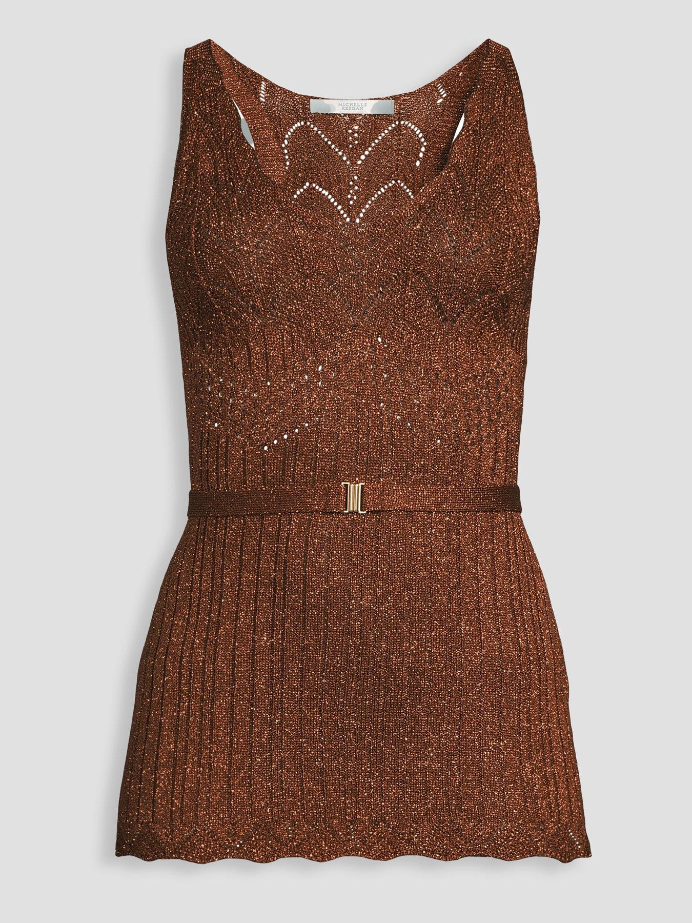 Image 4 of 4 of Michelle Keegan Belted Metallic Knit Co Ord&nbsp;Vest Top - Brown