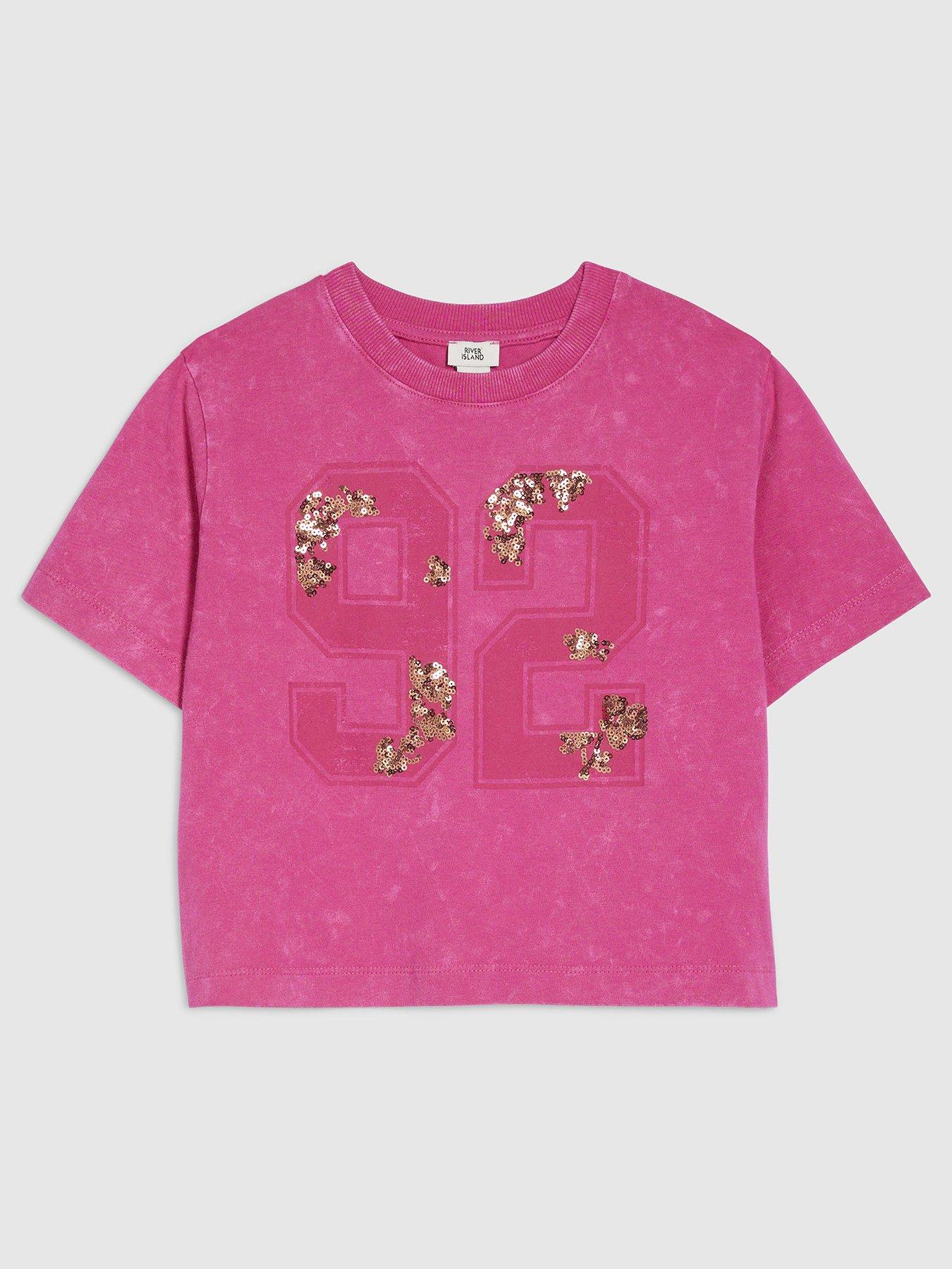 River Island Older Girls Floral Sequin 92 T-Shirt - Pink