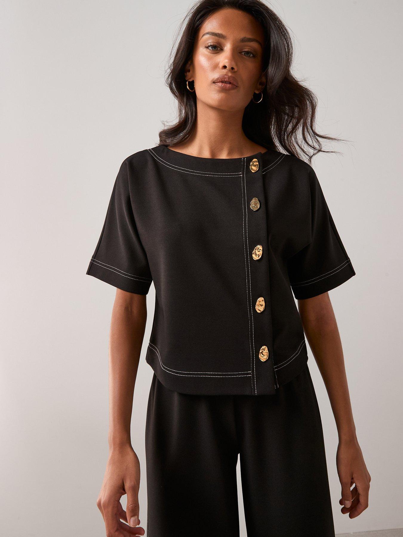 The Very Collection Contrast Stitch Button Up Top - Black | Very