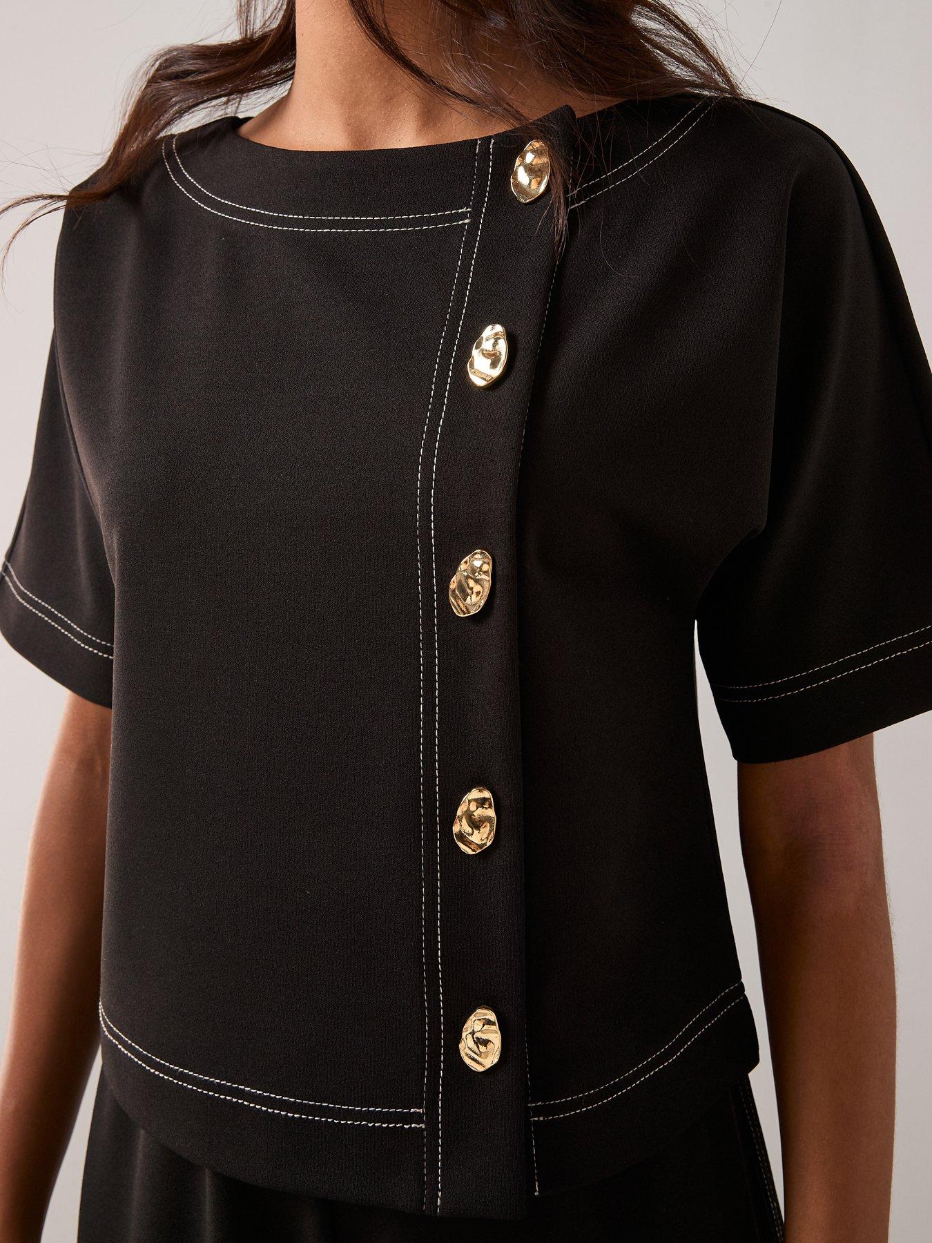 The Very Collection Contrast Stitch Button Up Top - Black | Very