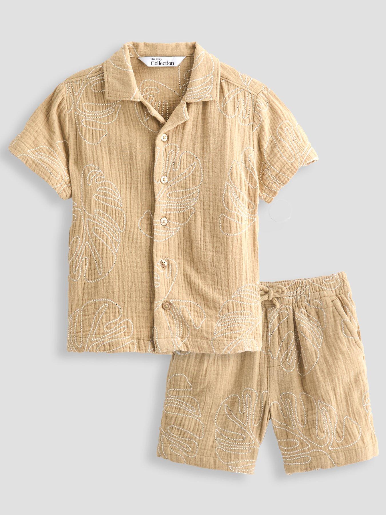 Image 1 of 6 of The Very Collection Boys Embroidered Double Cloth Shirt And Shorts Outfit Set - Beige