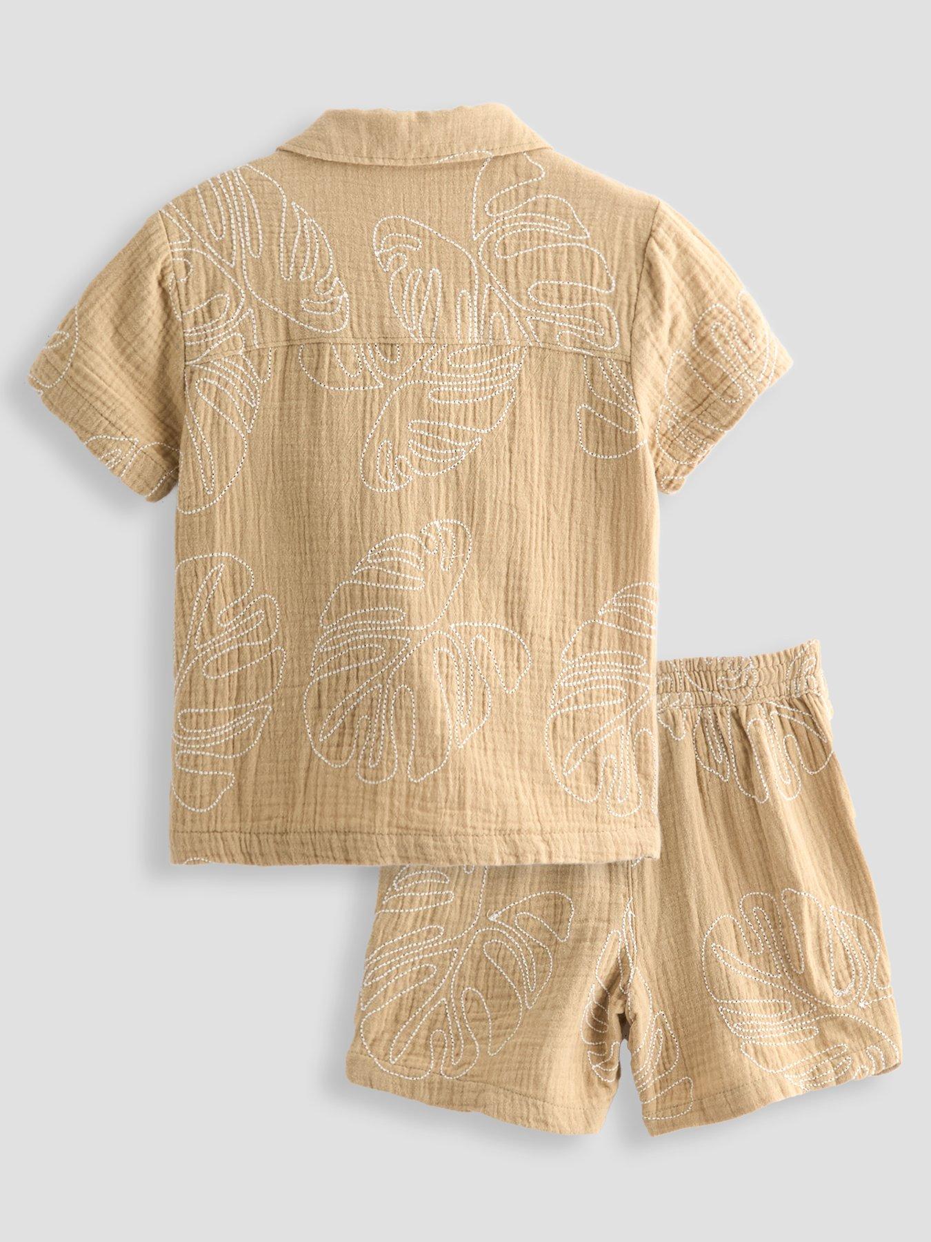 Image 2 of 6 of The Very Collection Boys Embroidered Double Cloth Shirt And Shorts Outfit Set - Beige