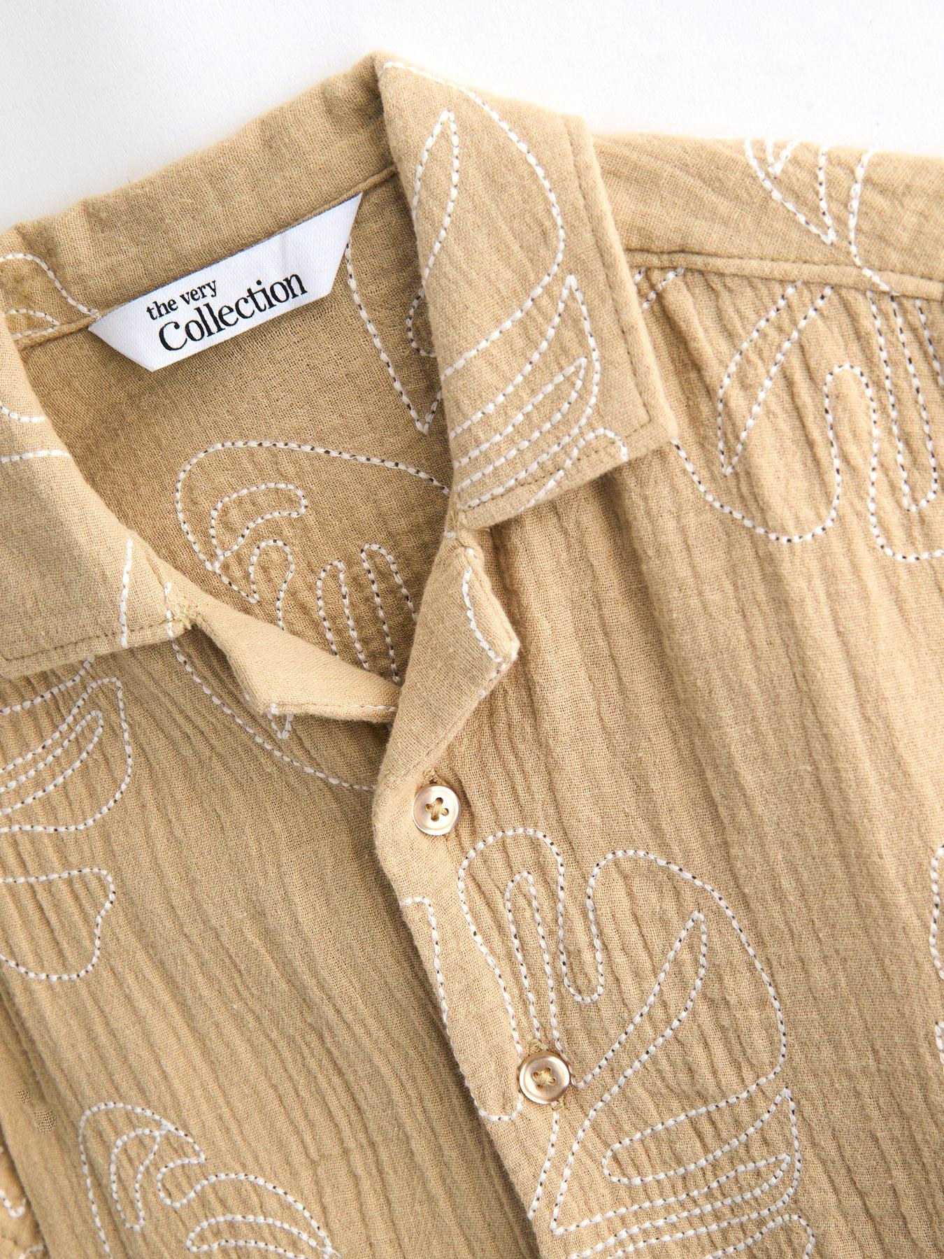 Image 3 of 6 of The Very Collection Boys Embroidered Double Cloth Shirt And Shorts Outfit Set - Beige