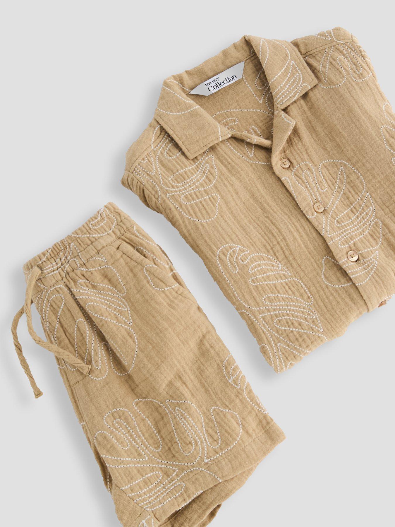 Image 4 of 6 of The Very Collection Boys Embroidered Double Cloth Shirt And Shorts Outfit Set - Beige