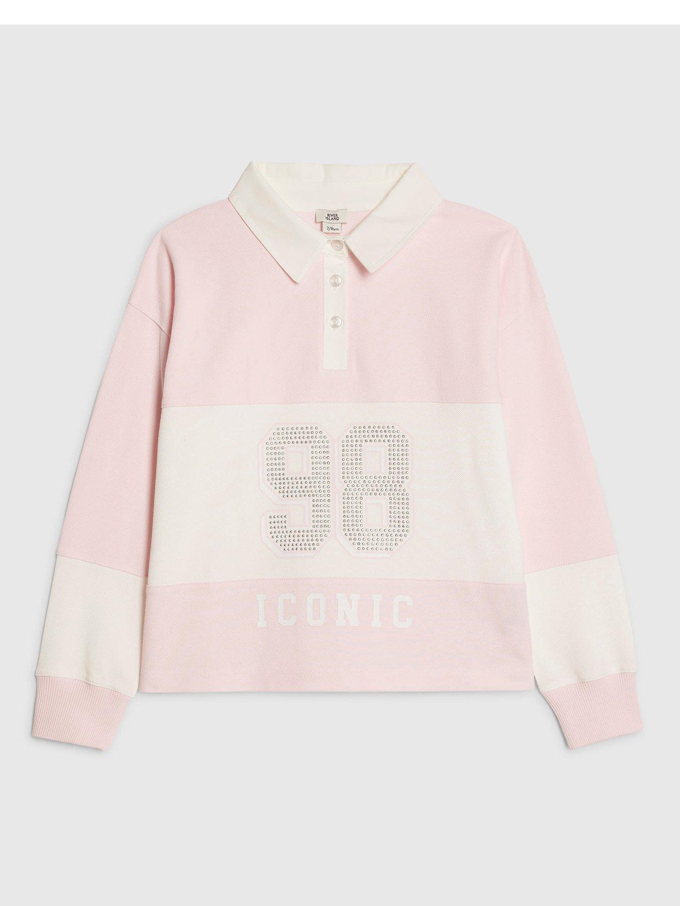 River Island Older Girls Stripe Diamante 98 Polo Shirt - Pink