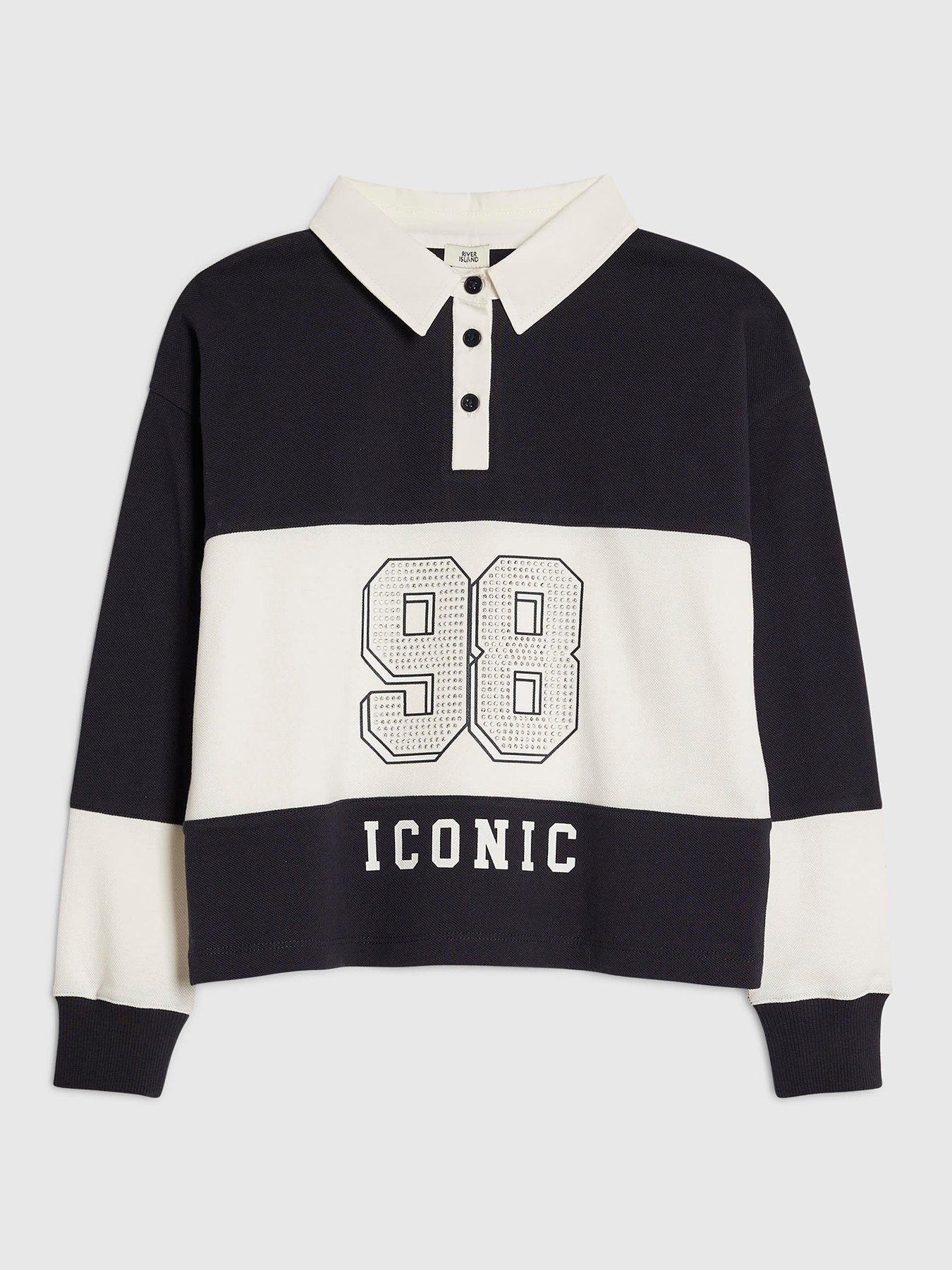 River Island Older Girls Stripe Diamante 98 Polo Shirt - Black