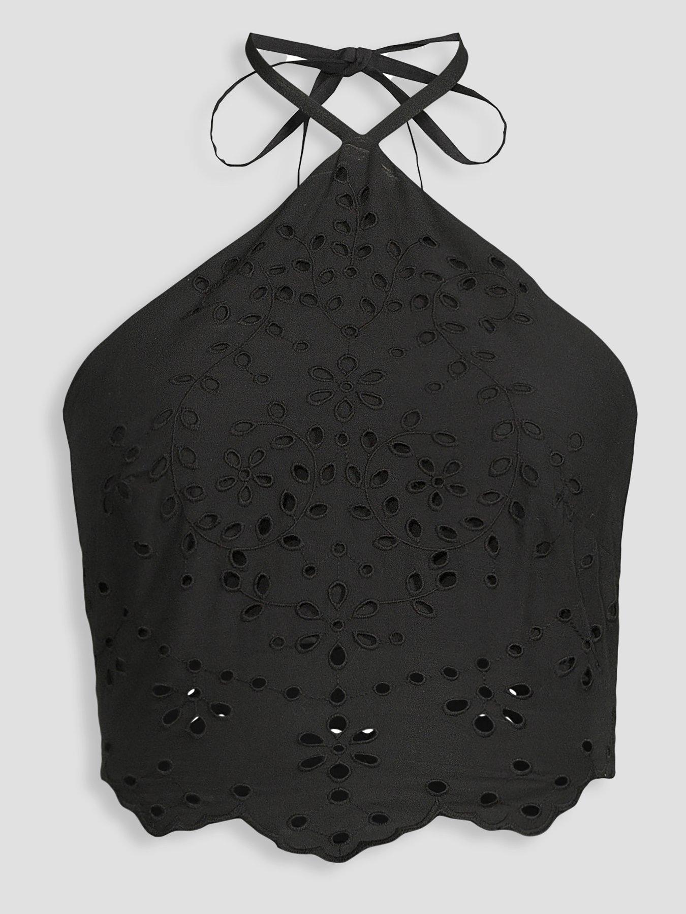 Image 4 of 4 of Michelle Keegan Cutwork Cropped Halter Top - Black