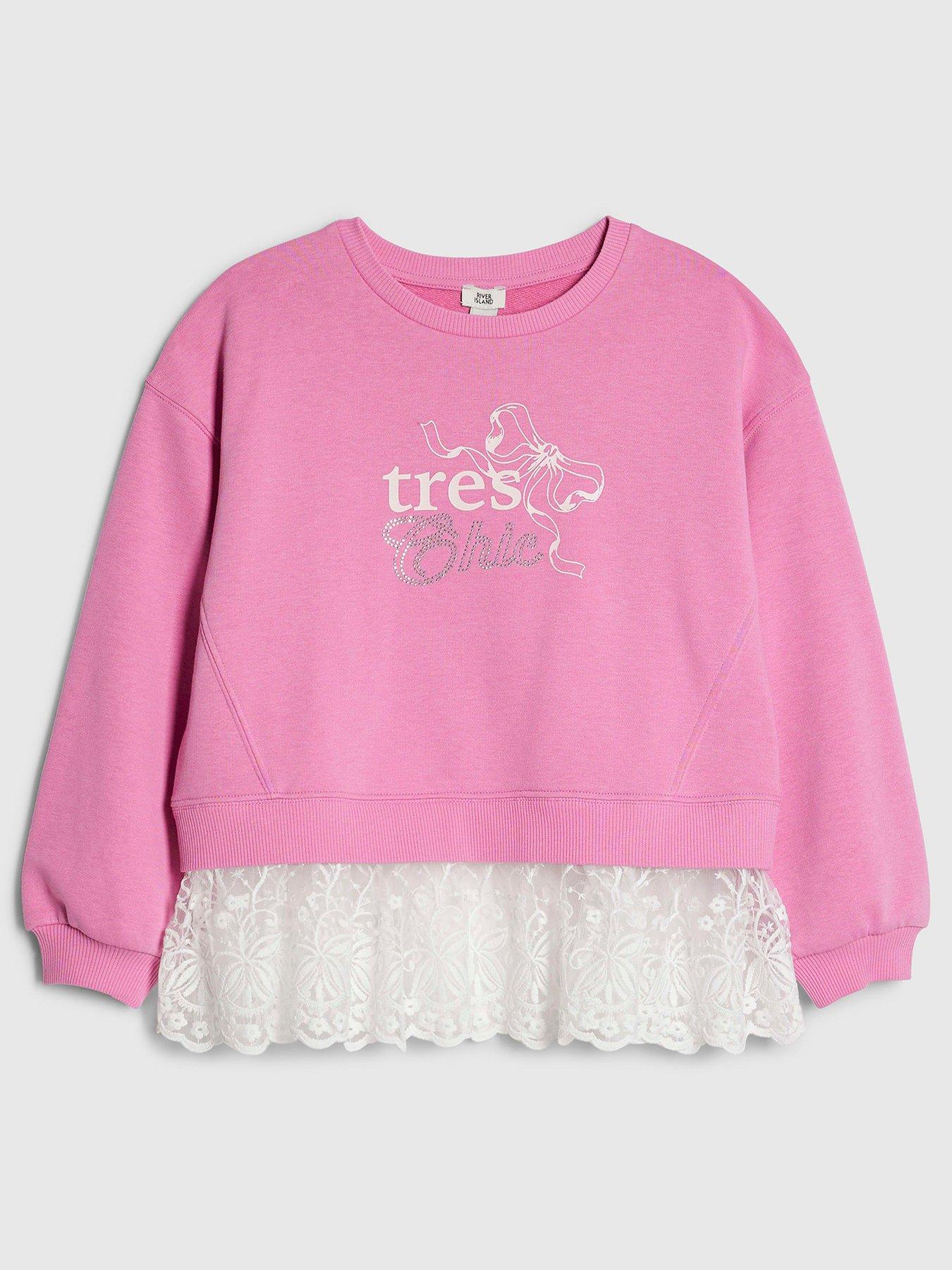 River Island Older Girls Tres Chic Lace Hem Sweatshirt - Pink