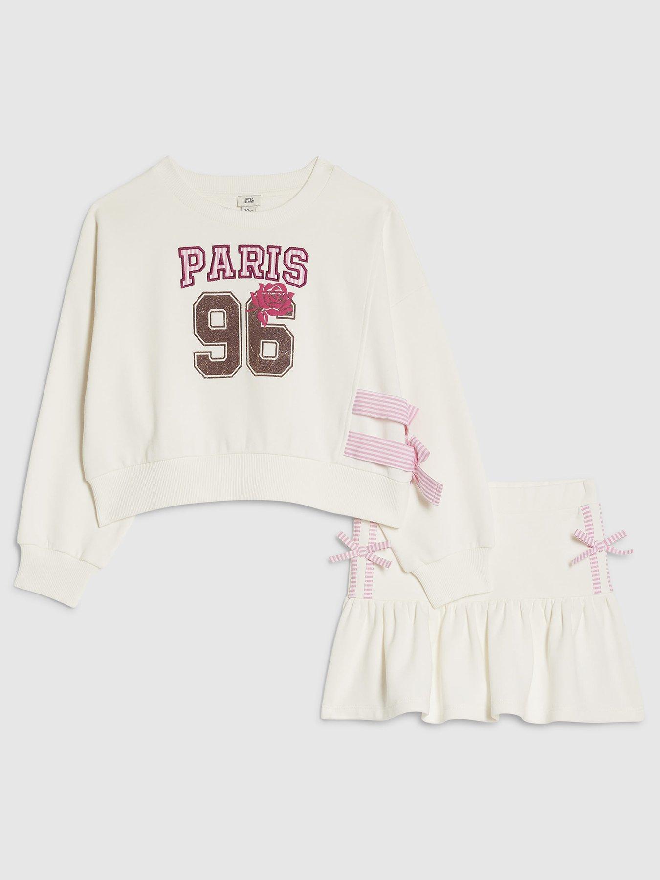 Image 1 of 5 of River Island Older Girls Paris 96 Bow Sweat Skirt Set - White