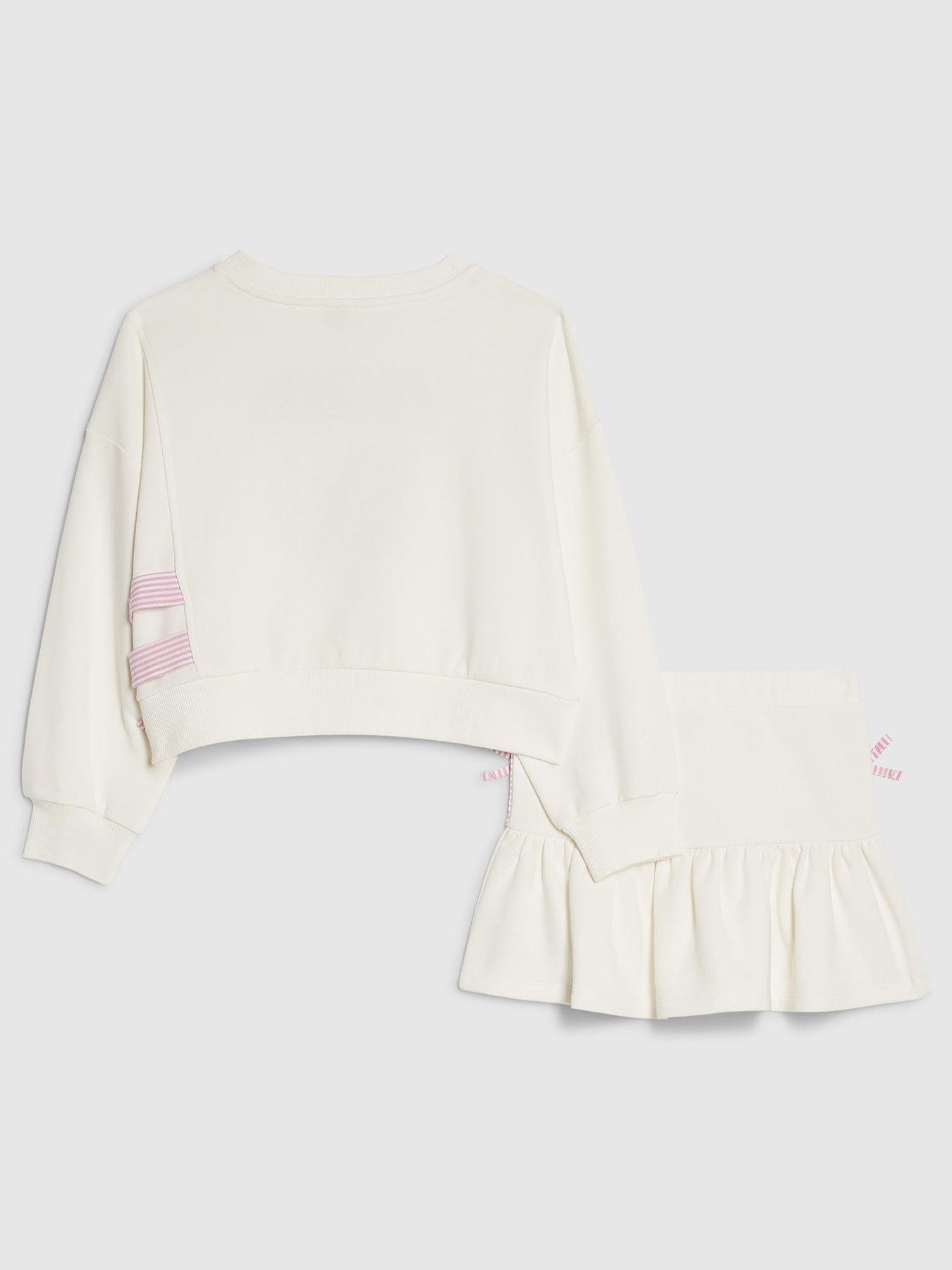 Image 2 of 5 of River Island Older Girls Paris 96 Bow Sweat Skirt Set - White