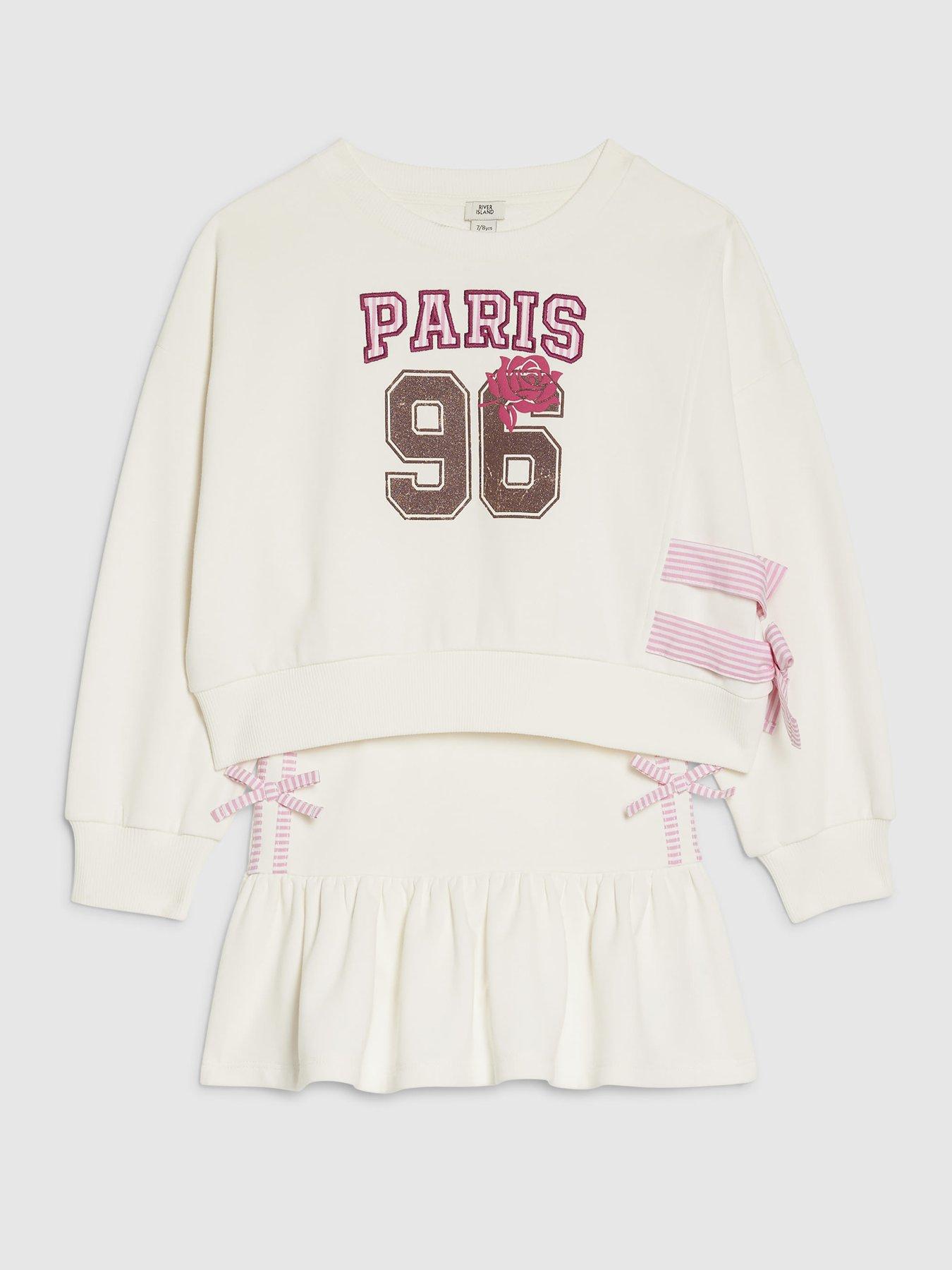 Image 3 of 5 of River Island Older Girls Paris 96 Bow Sweat Skirt Set - White