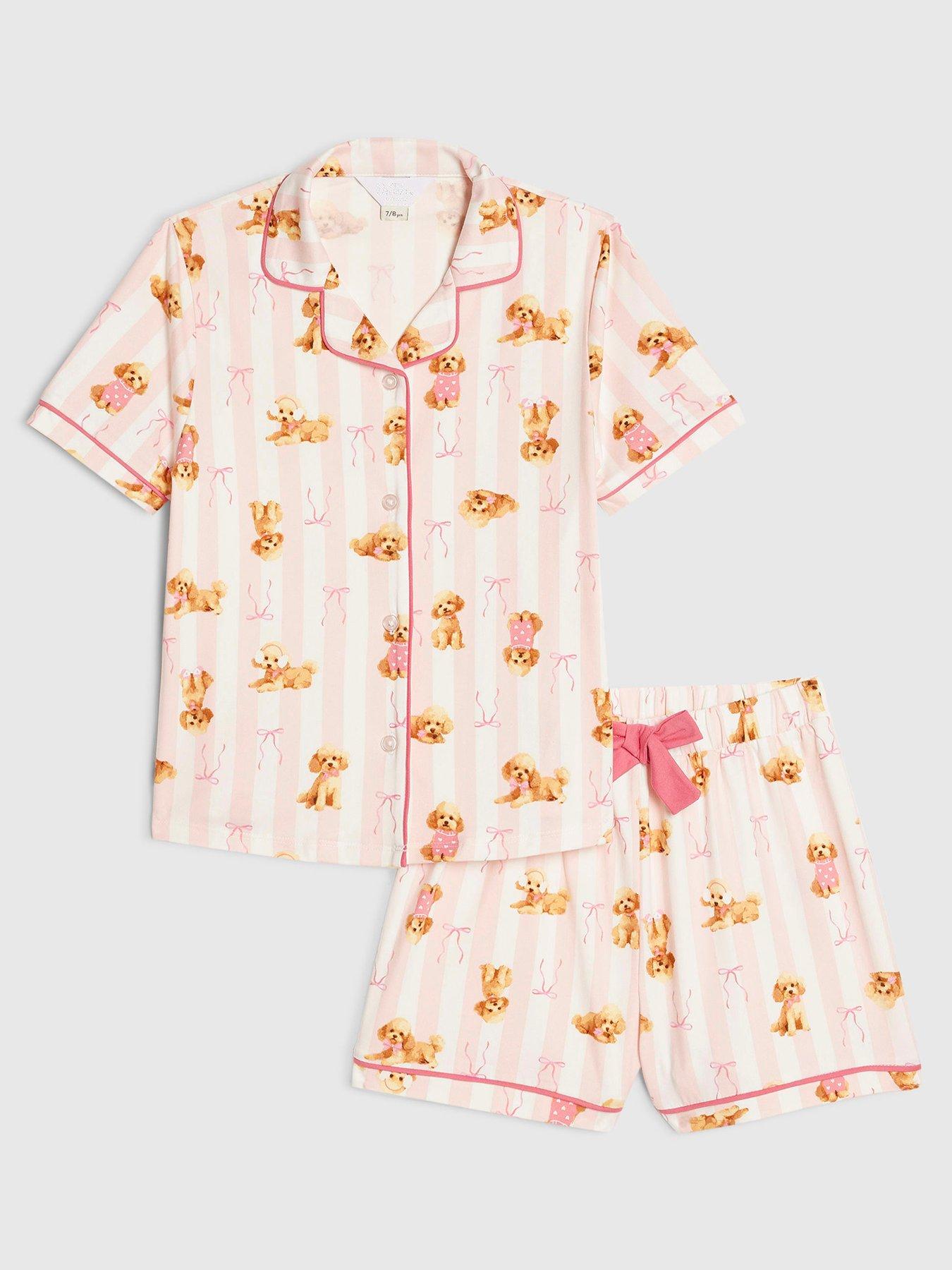 River Island Older Girls Puppy Button Through Pyjamas, Pink, Size Age: 11-12 Years
