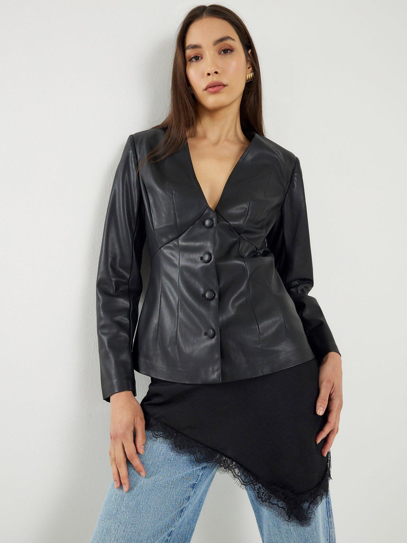 River Island Fitted V Neck Faux Leather Long Sleeve Top - Black