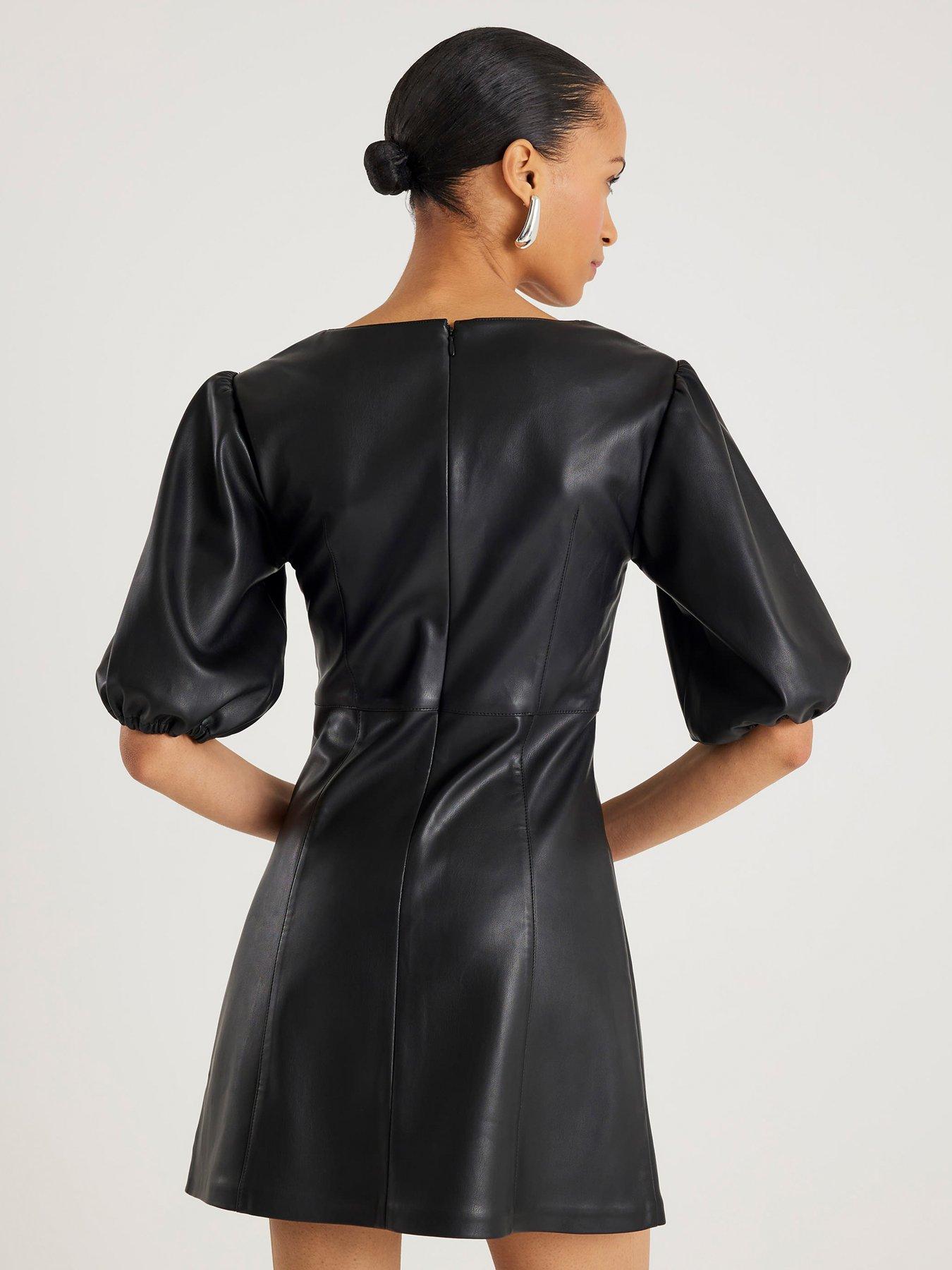 Image 2 of 4 of River Island Puff Sleeve Faux Leather Shift Dress - Black
