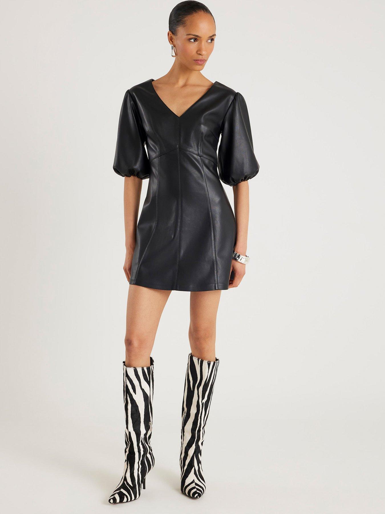 Image 3 of 4 of River Island Puff Sleeve Faux Leather Shift Dress - Black