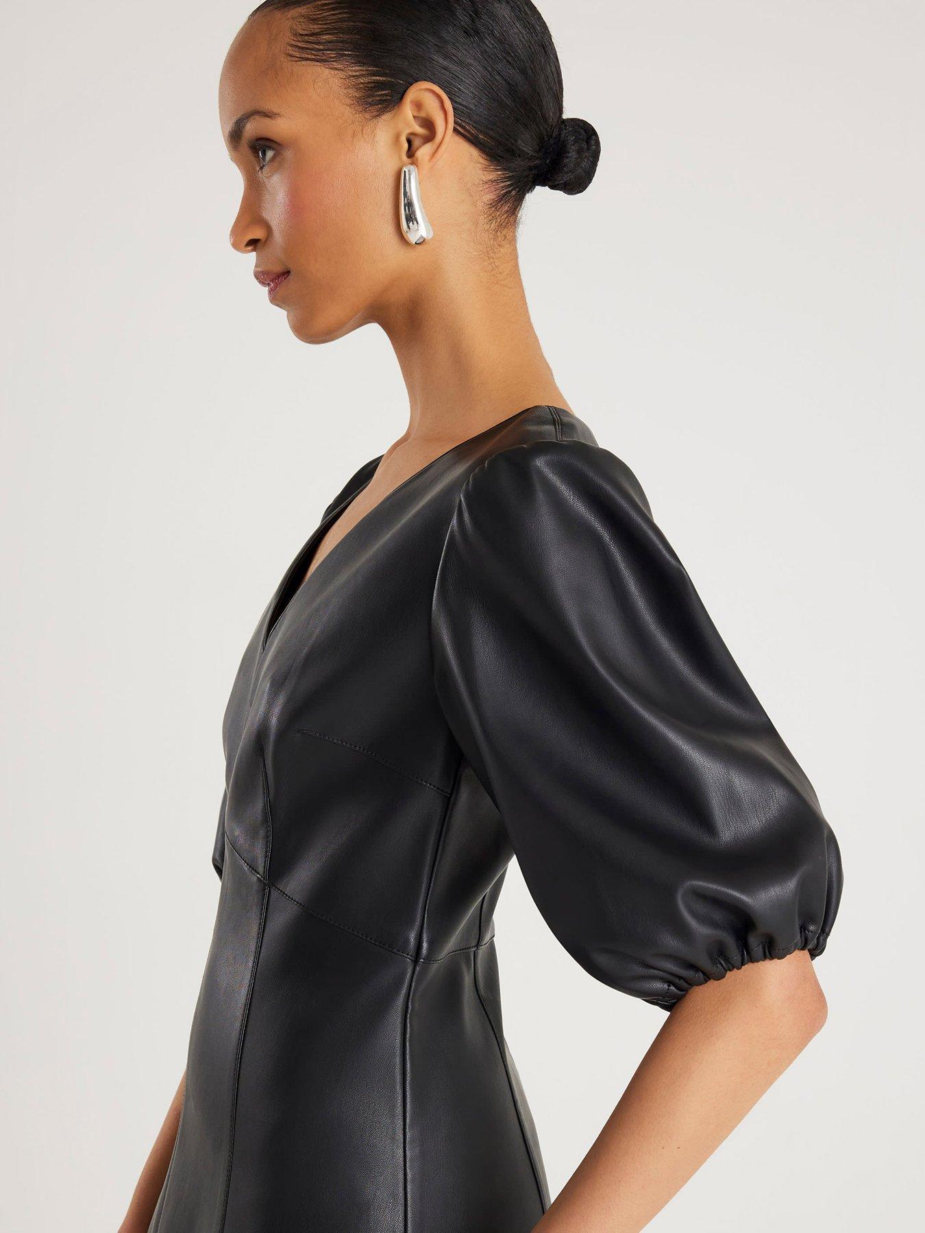 Image 4 of 4 of River Island Puff Sleeve Faux Leather Shift Dress - Black