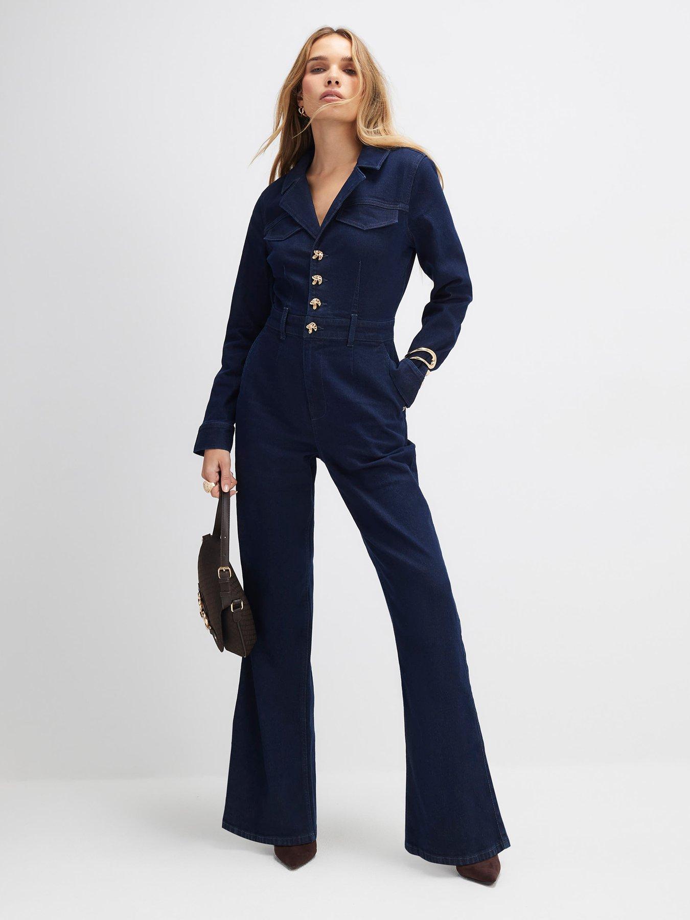 River Island Wide Leg Denim Jumpsuit - Blue