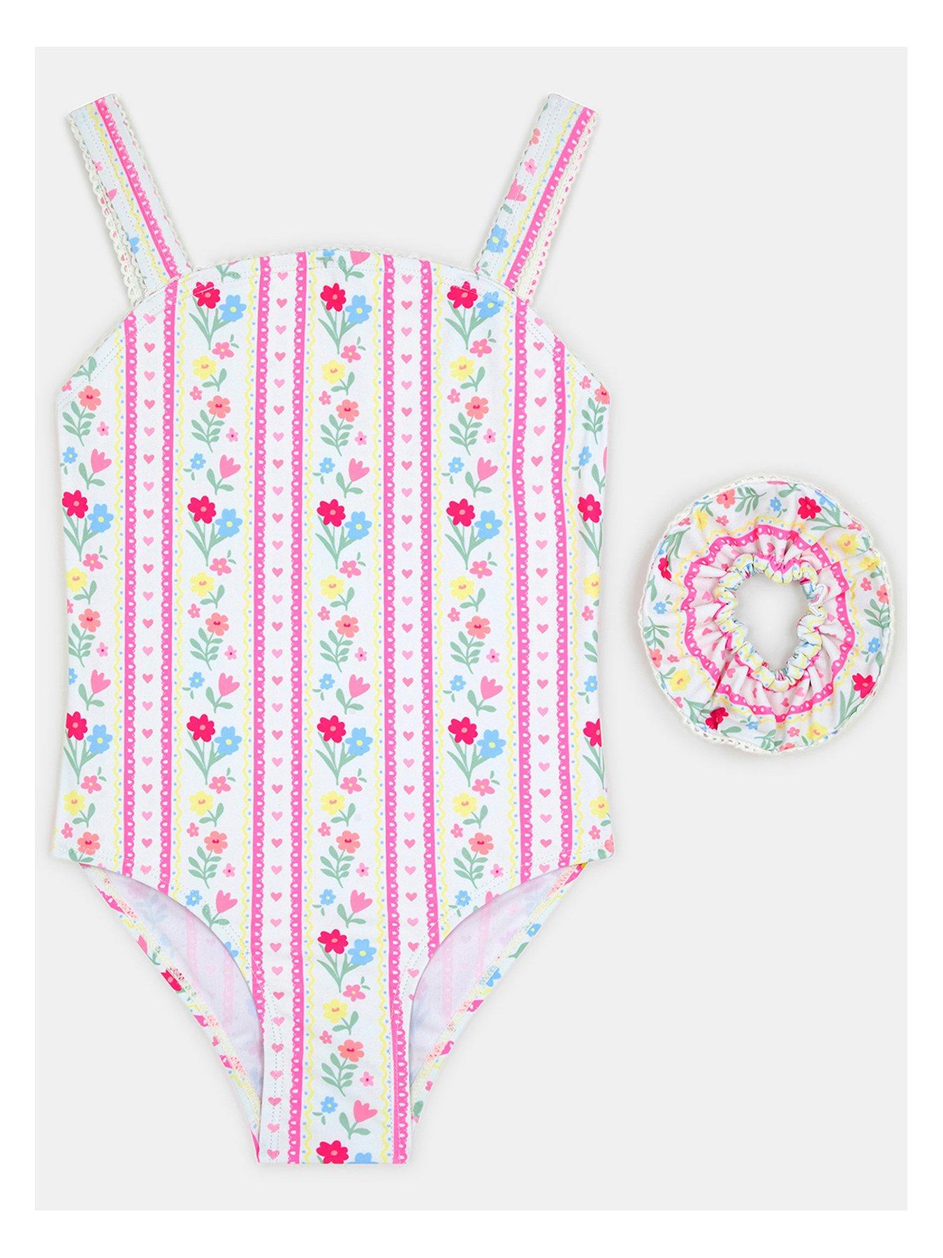 Image 1 of 3 of Accessorize Girls Prairie Floral Swimsuit &amp; Scrunchie - Multi