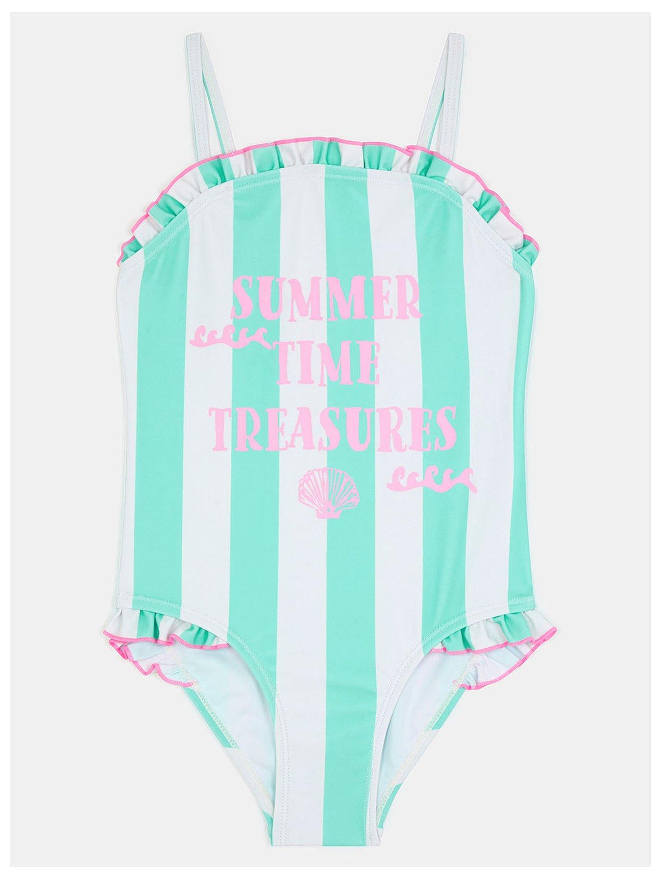 Image 1 of 3 of Accessorize Girls Slogan Stripe Swimsuit - Blue