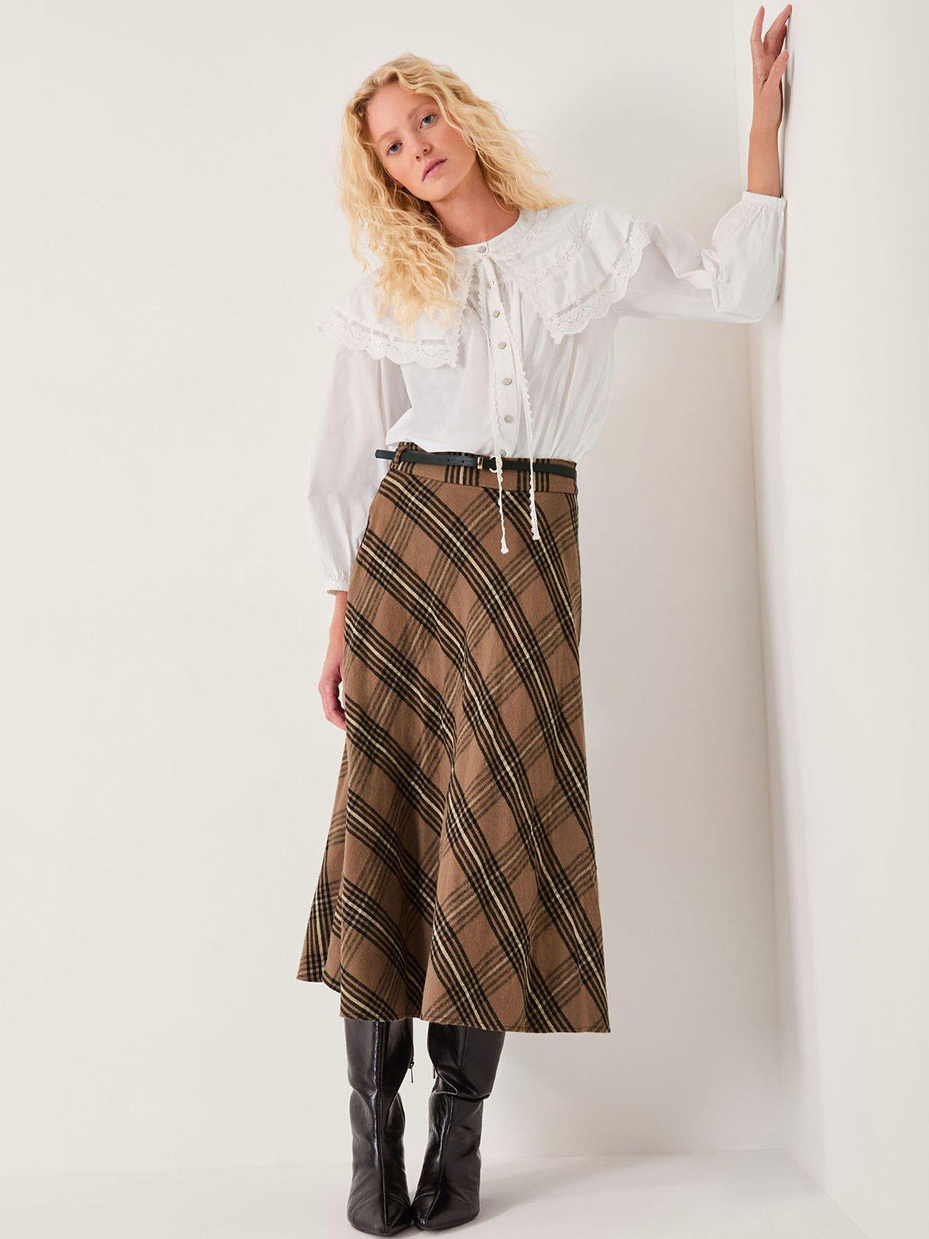 Monsoon Willa Check Midi Skirt - Brown