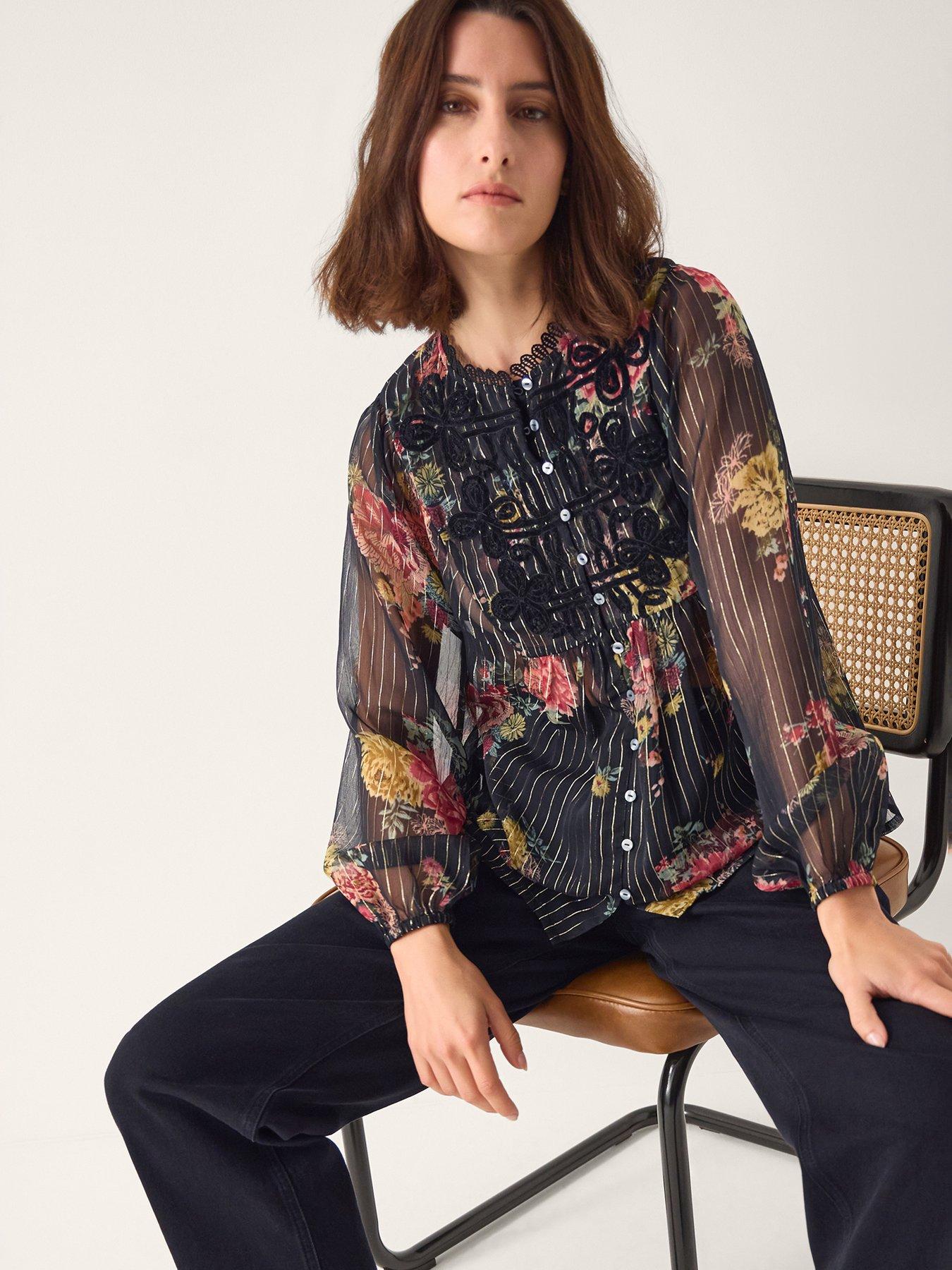 Monsoon Azami Floral Stripe Lurex Top - Black